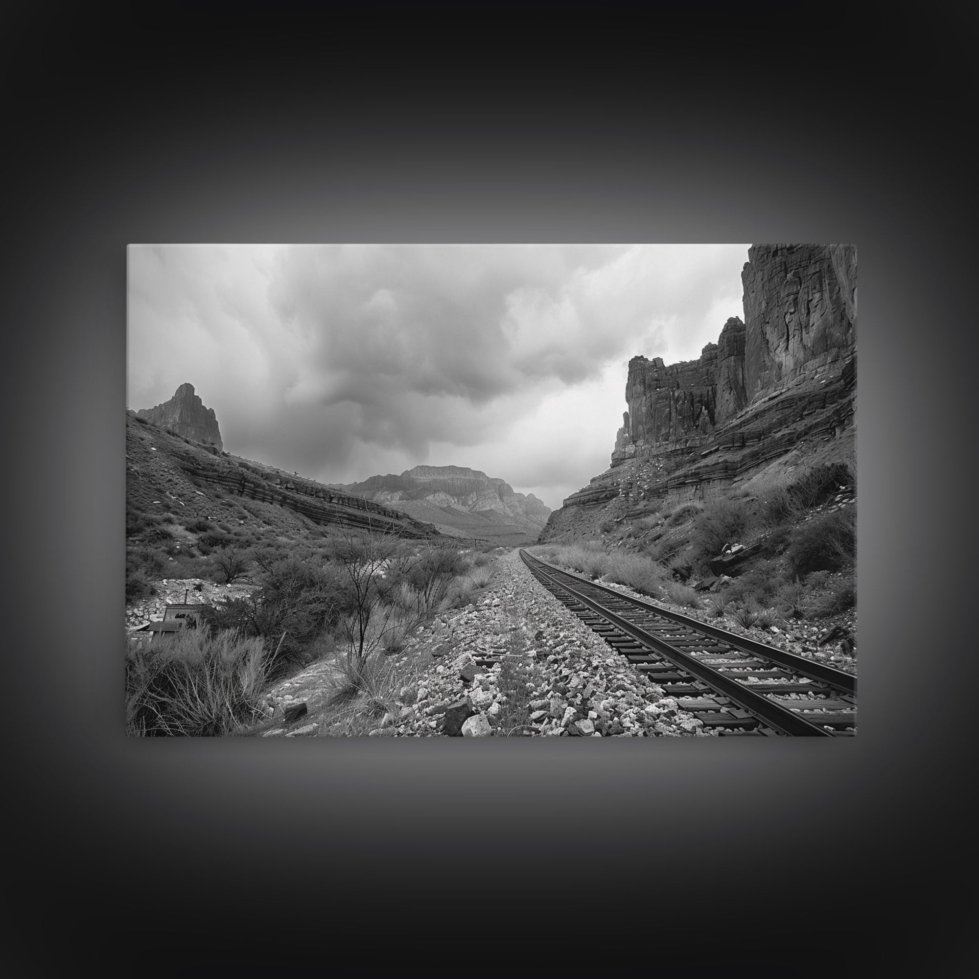 The Train Tracks, Framed Canvas Print, Black and White Western Photography, Wild West Art, Metal Art, Metal Print, Rustic Country Wall Art