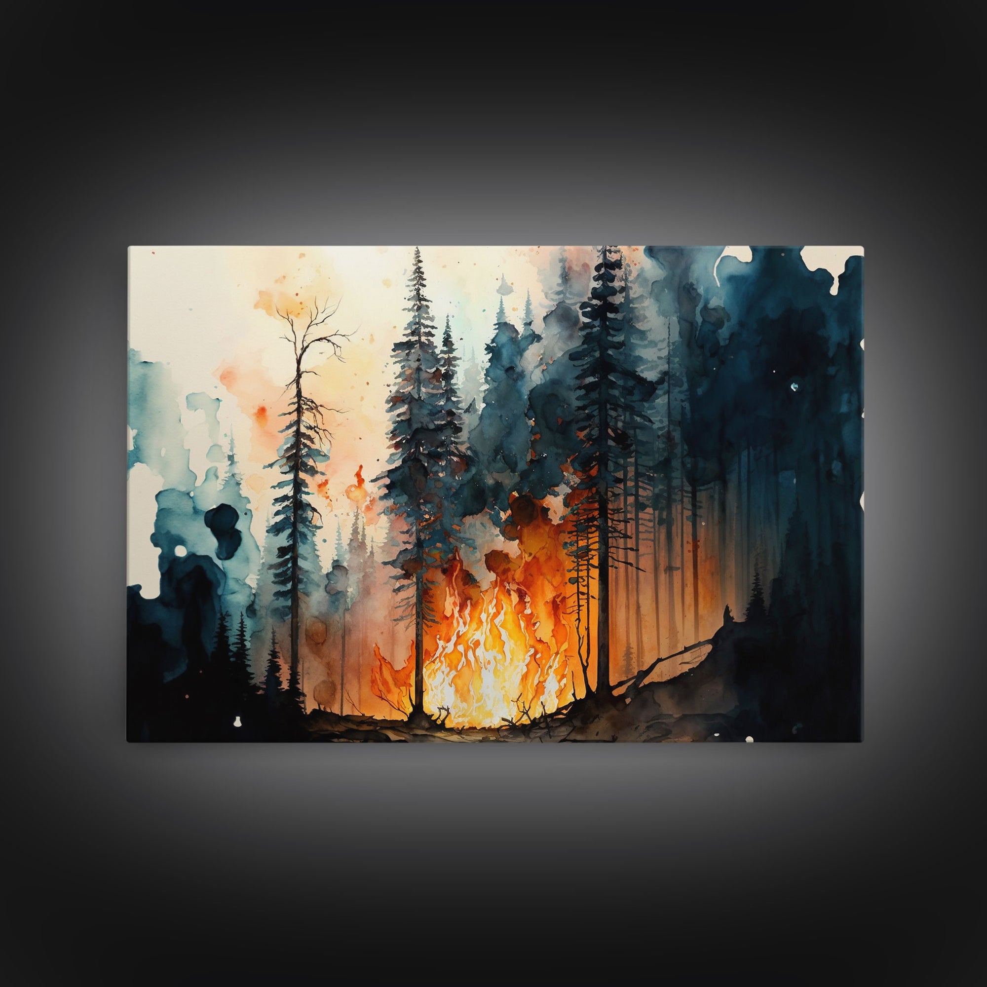 Watercolor Painting Print Of a Forest Fire, Framed Wall Art, Rustic Decor, Pine Tree Forest Print, Living Room Art, Bed Room Wall Art