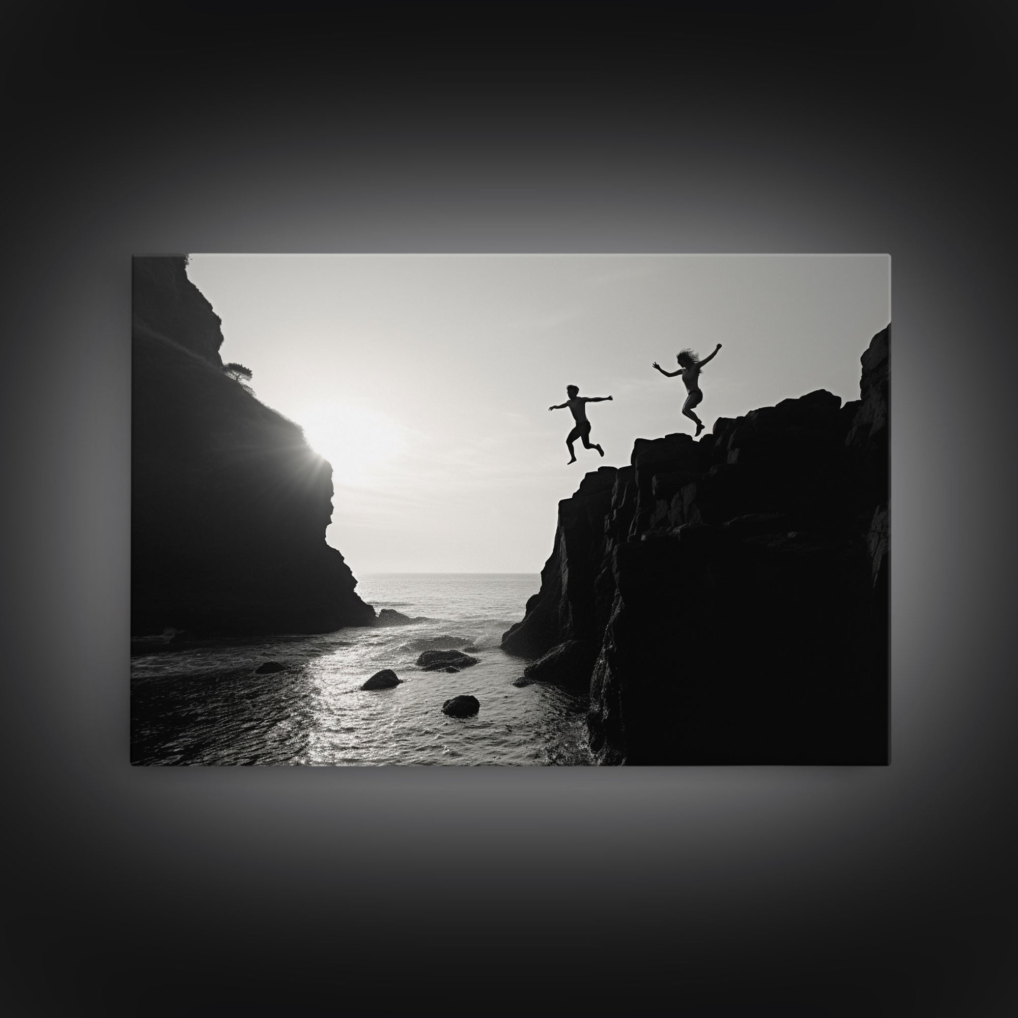 The Dive - Fine Art Black and White Print - Wood Framed Canvas or Metal Print - Cliff Diving In The Ocean - Lifestyle Minimalist Home Decor