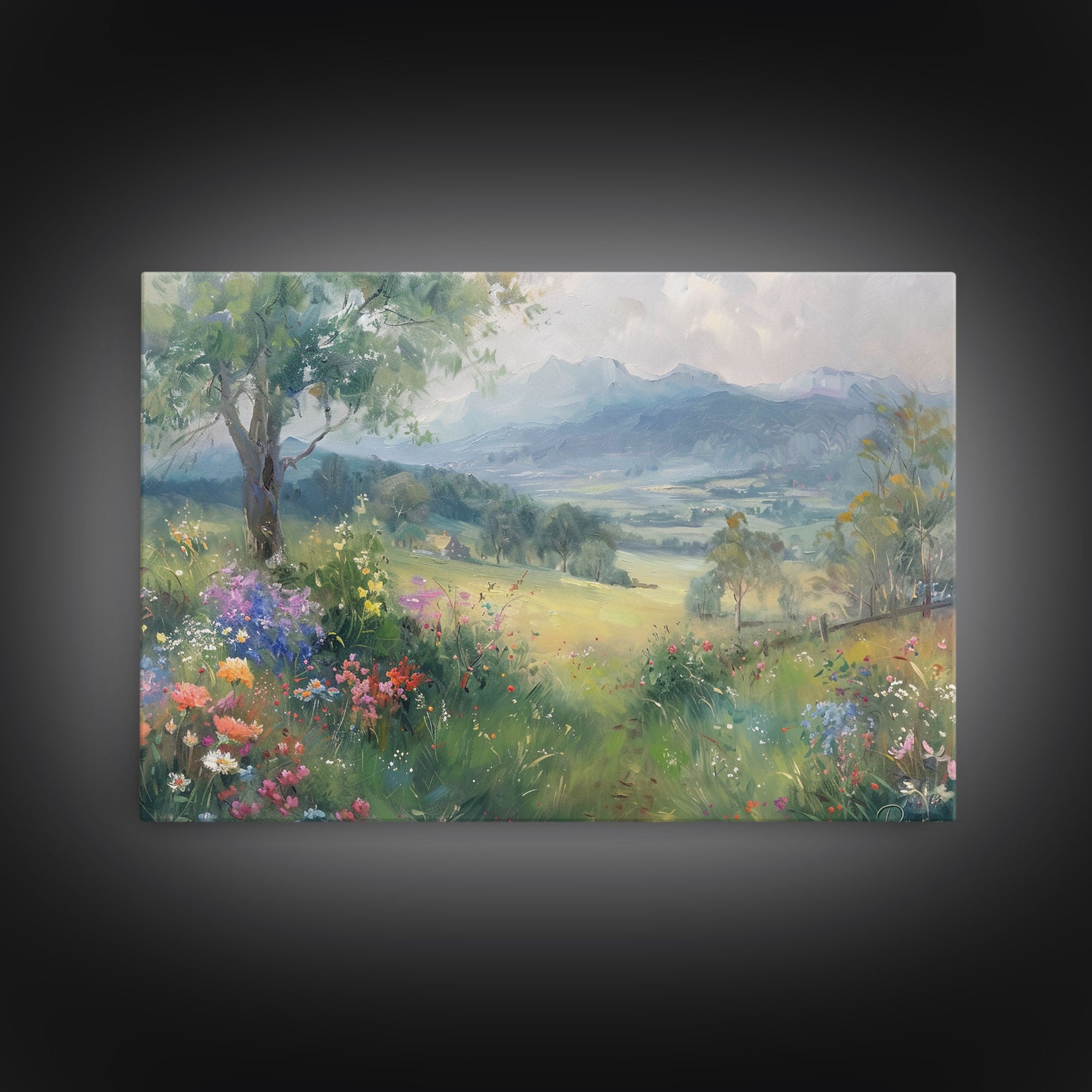 Spring Wildflower Field Landscape Painting Large Wall Art Print, Framed Canvas Nature Wall Decor, Rustic Country Landscape Living Room Art