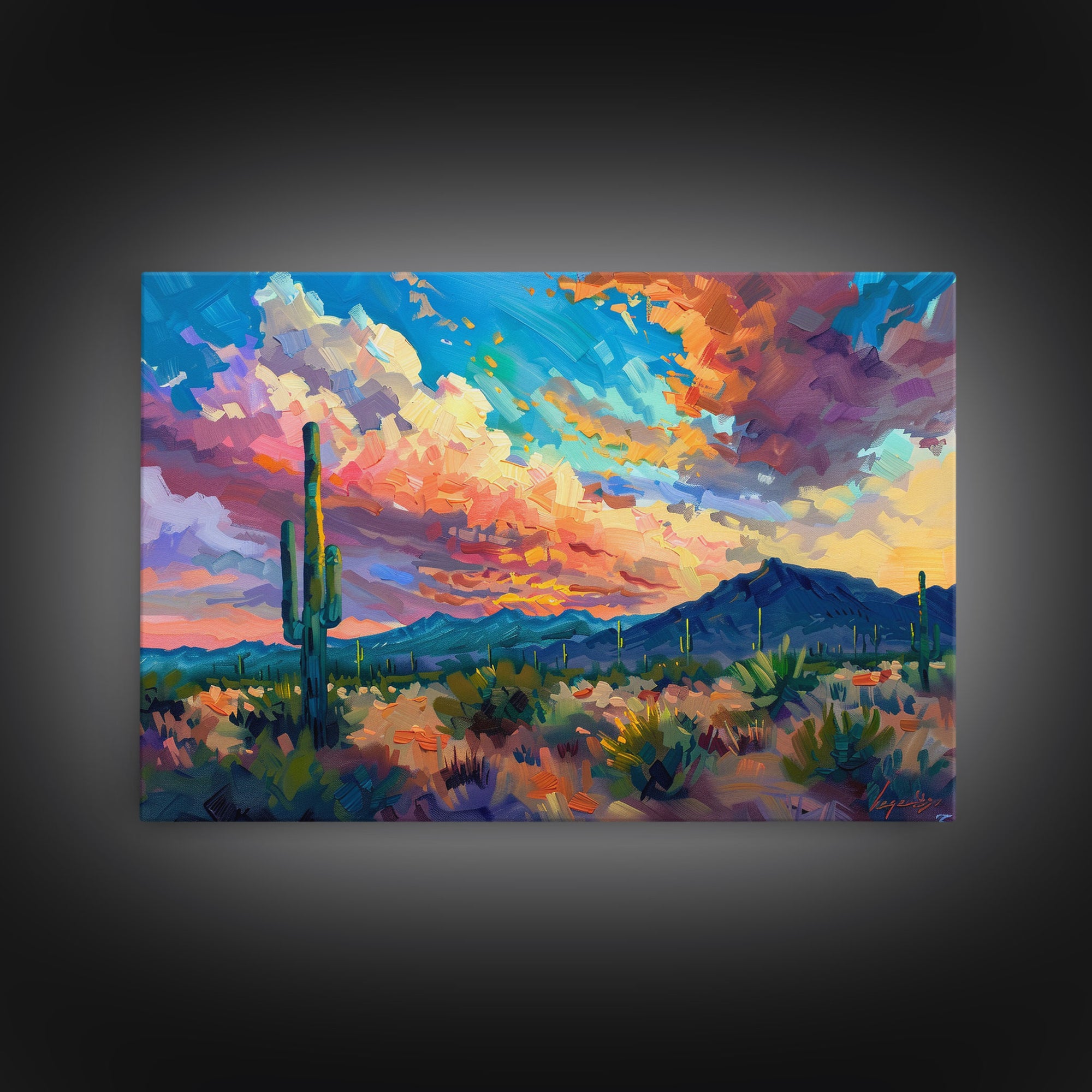 Saguaro Cactus Pop Art Oil Painting Canvas Print, Sedona Arizona, Grand Canyon Painting, Desert Landscape, Southwestern Decor, Kitsch Art