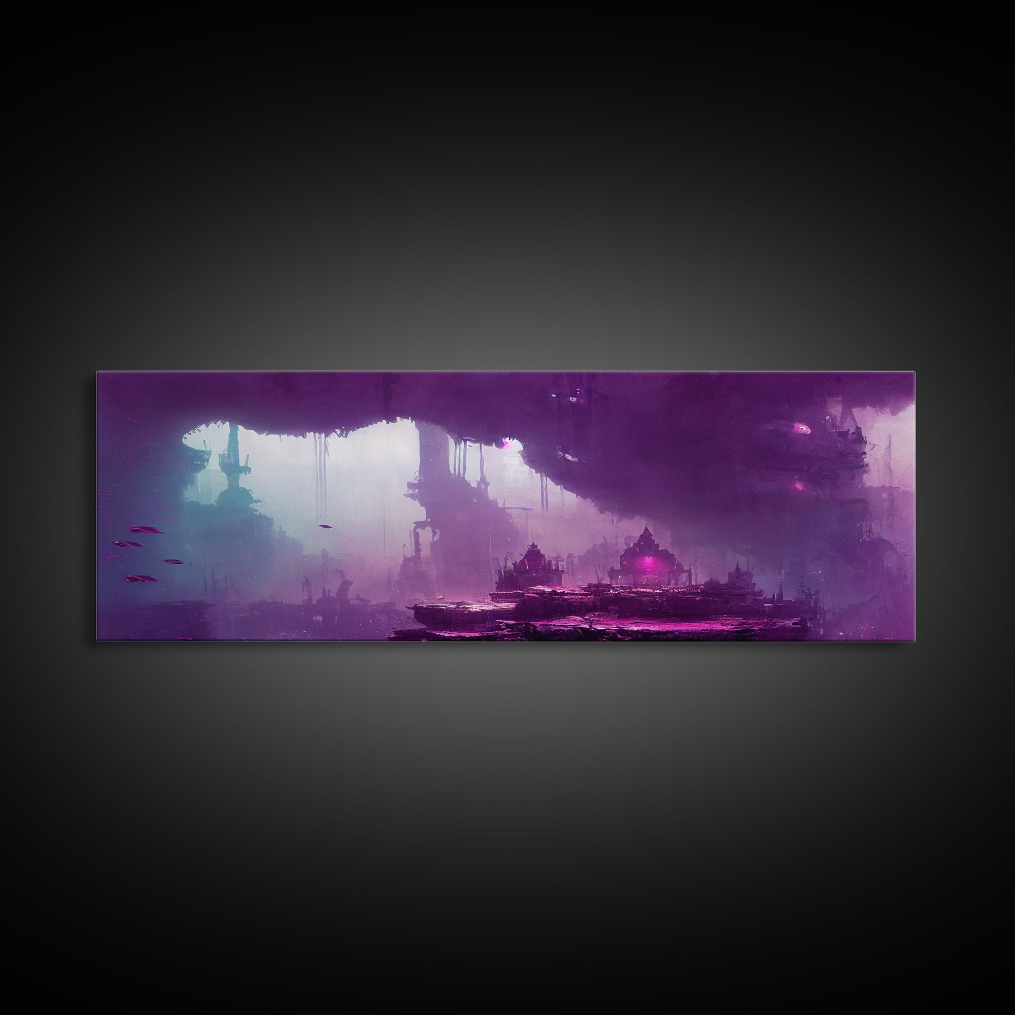 Panoramic Fantasy Underwater City, Purple Art, Extra Large Wall Art, Framed Panoramic Canvas Print, Framed Wall Decor