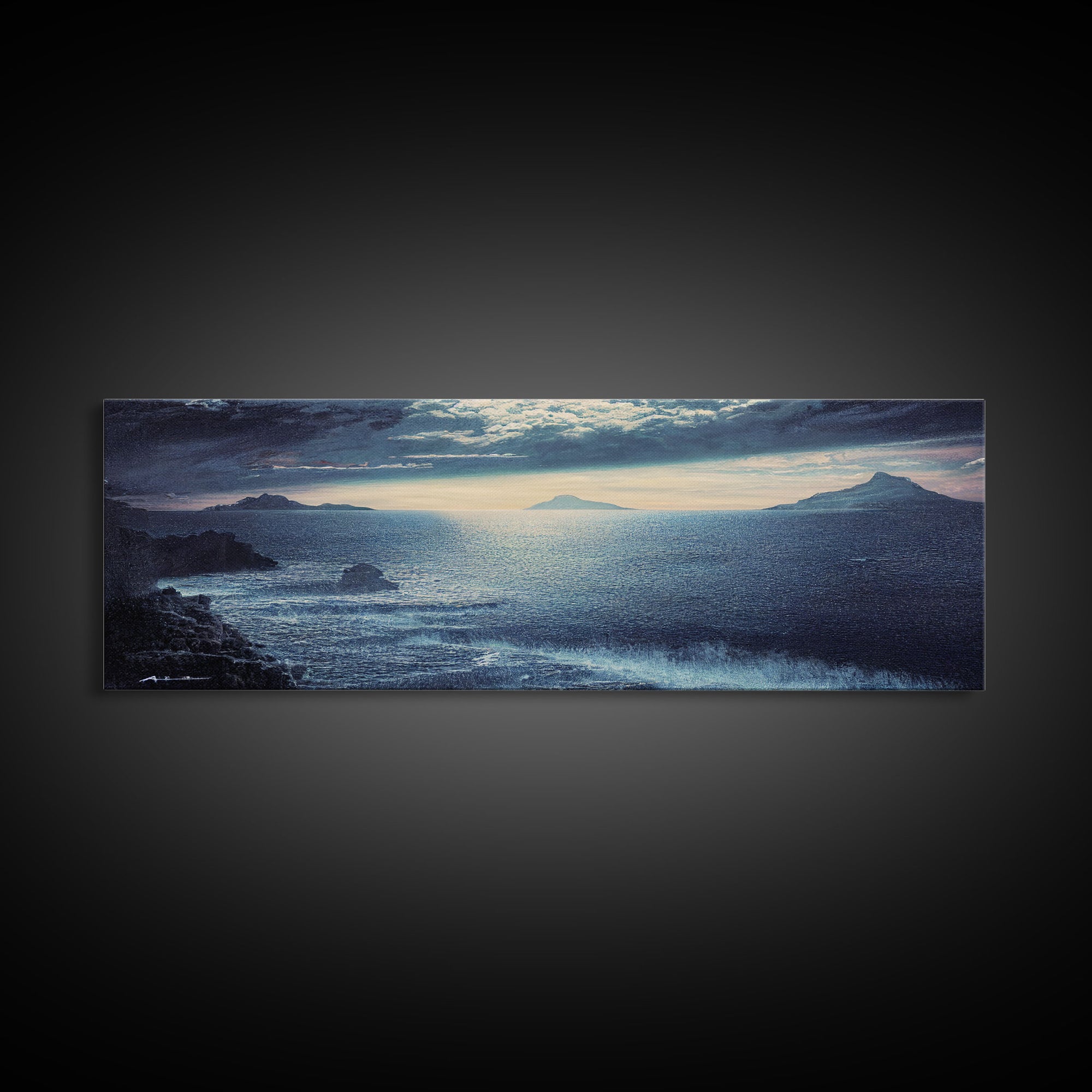 Storm Torrent Over A Steel Grey Sea, Gloomy Wall Art, Framed Ready To Hang Canvas Print