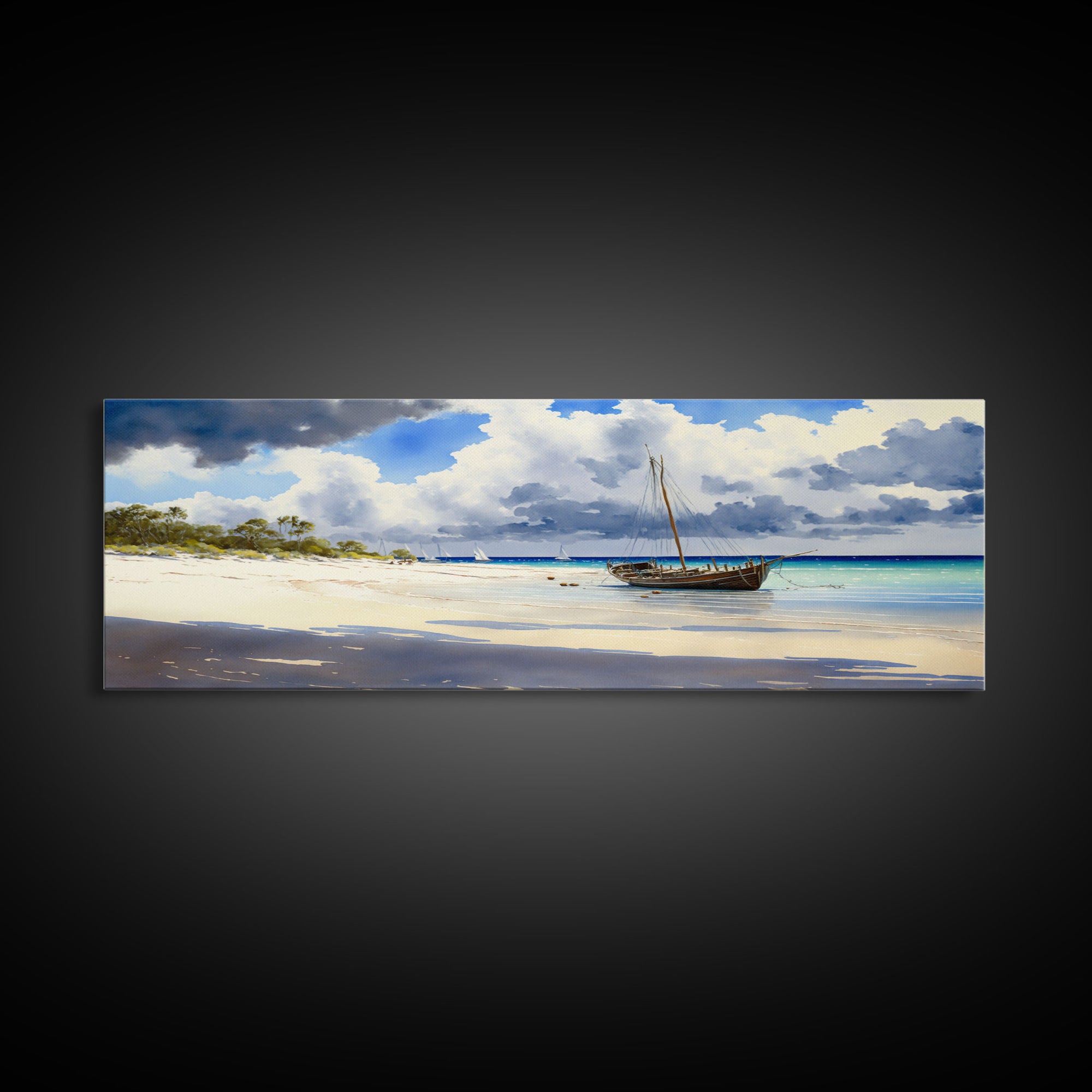 Tropical Shipwreck Island - Framed Canvas Print -Panoramic Beach Art - Blue sky and blue ocean art - nautical sailing decor