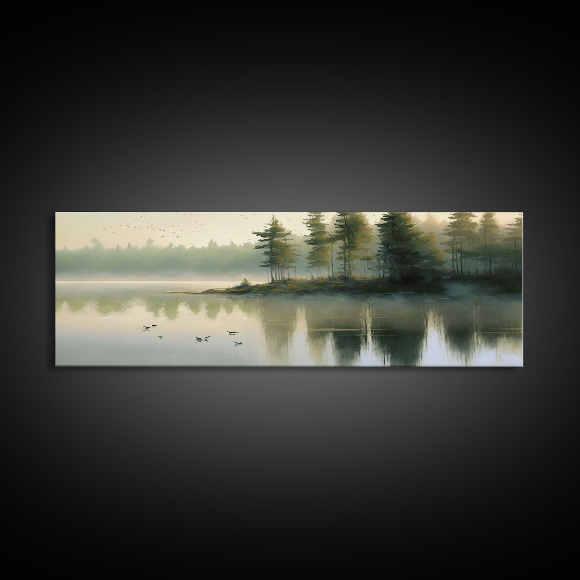 Panoramic Canvas Print of Pacific NW Lake & Forest in Soft Watercolor - Foggy Pine Trees - Framed Wall Art Decor - Framed Wall Art