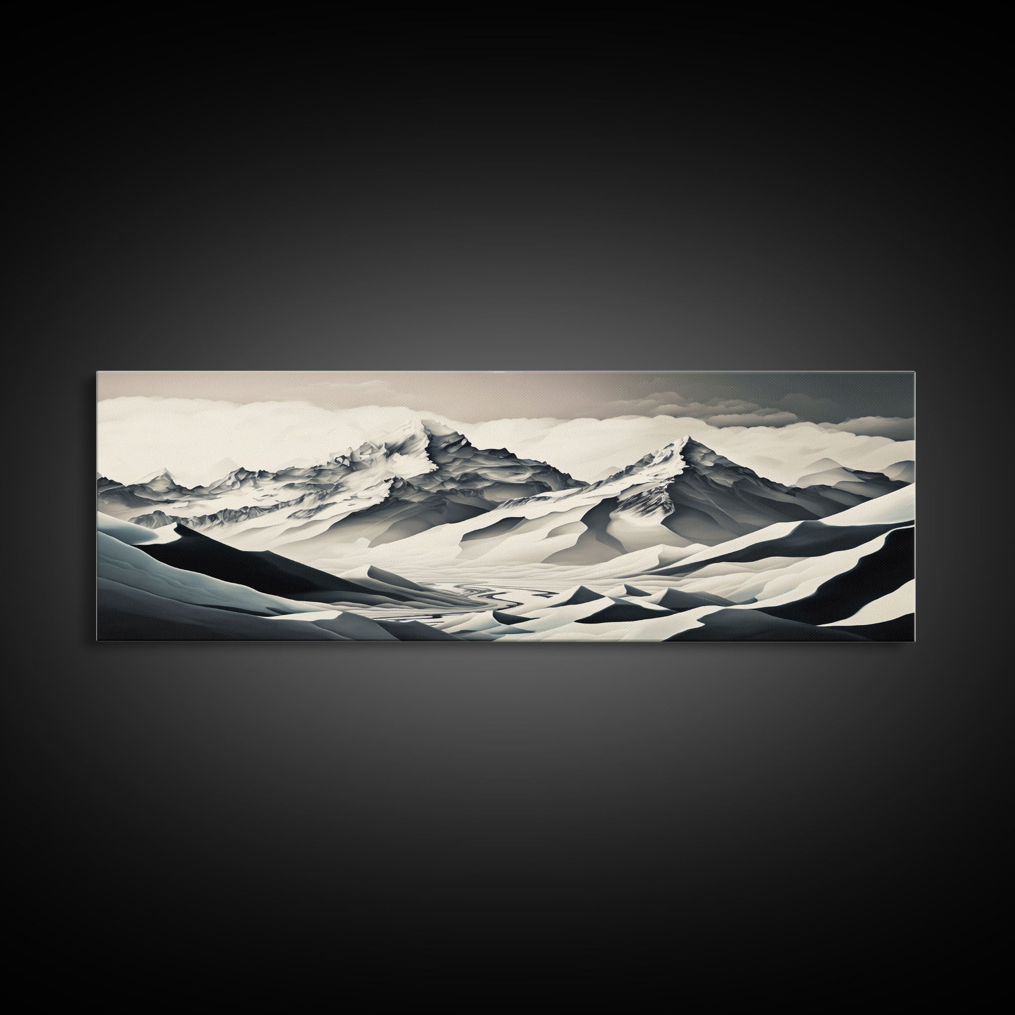 Stunning Panoramic Framed Canvas Print - Black and White Watercolor Landscape Painting - Snow Covered Mountain Art