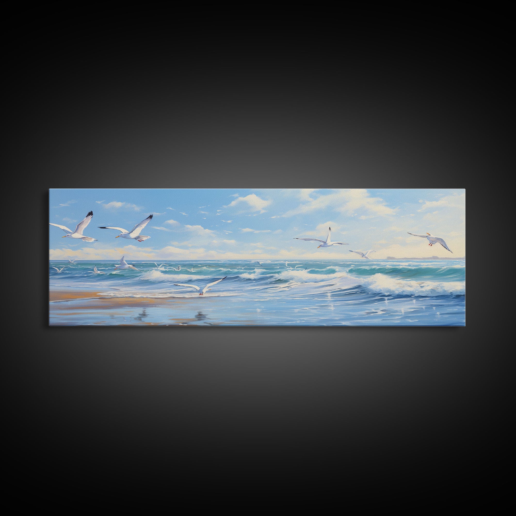 Blue Beach, Ocean Waves & Seagulls Panoramic Framed Canvas Print - Perfect for Living Room, Bedroom, Office Decor