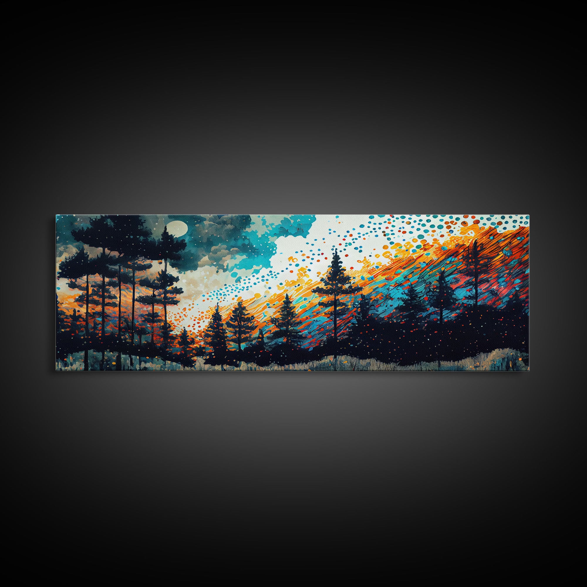 Extra large 24 x 72 wall art, framed canvas print, abstract pine tree forest painting, painting of a forest fire against a starry night sky