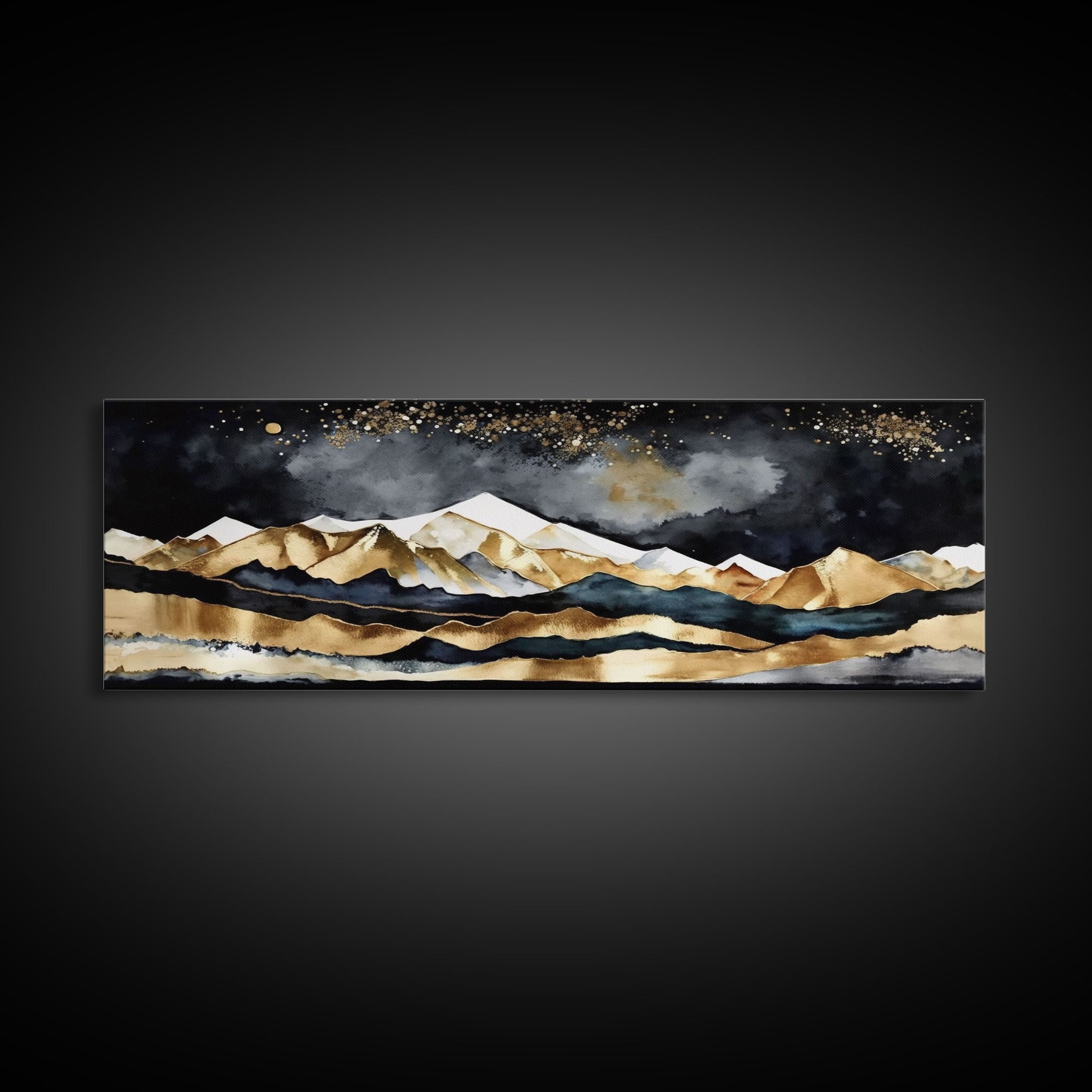 Black & Gold Mountain Landscape Painting, Framed Canvas Print, Panoramic Art, Extra Wide Art, Center Piece Decor, Above Fireplace or Sofa