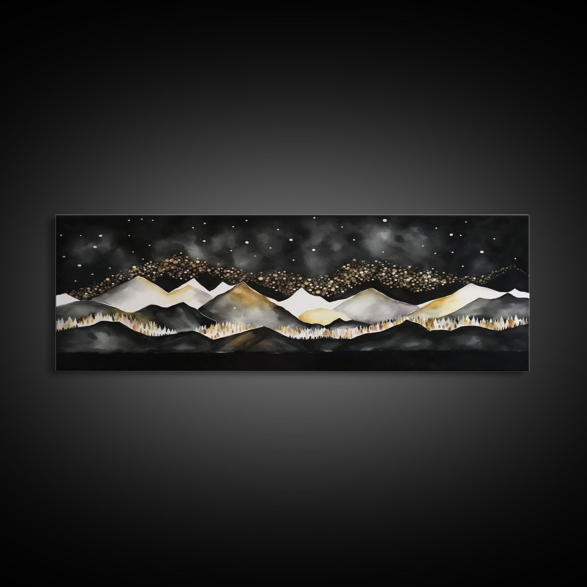 Black & Gold Mountain Landscape Painting, Framed Canvas Print, Panoramic Art, Extra Wide Art, Center Piece Decor, Above Fireplace or Sofa