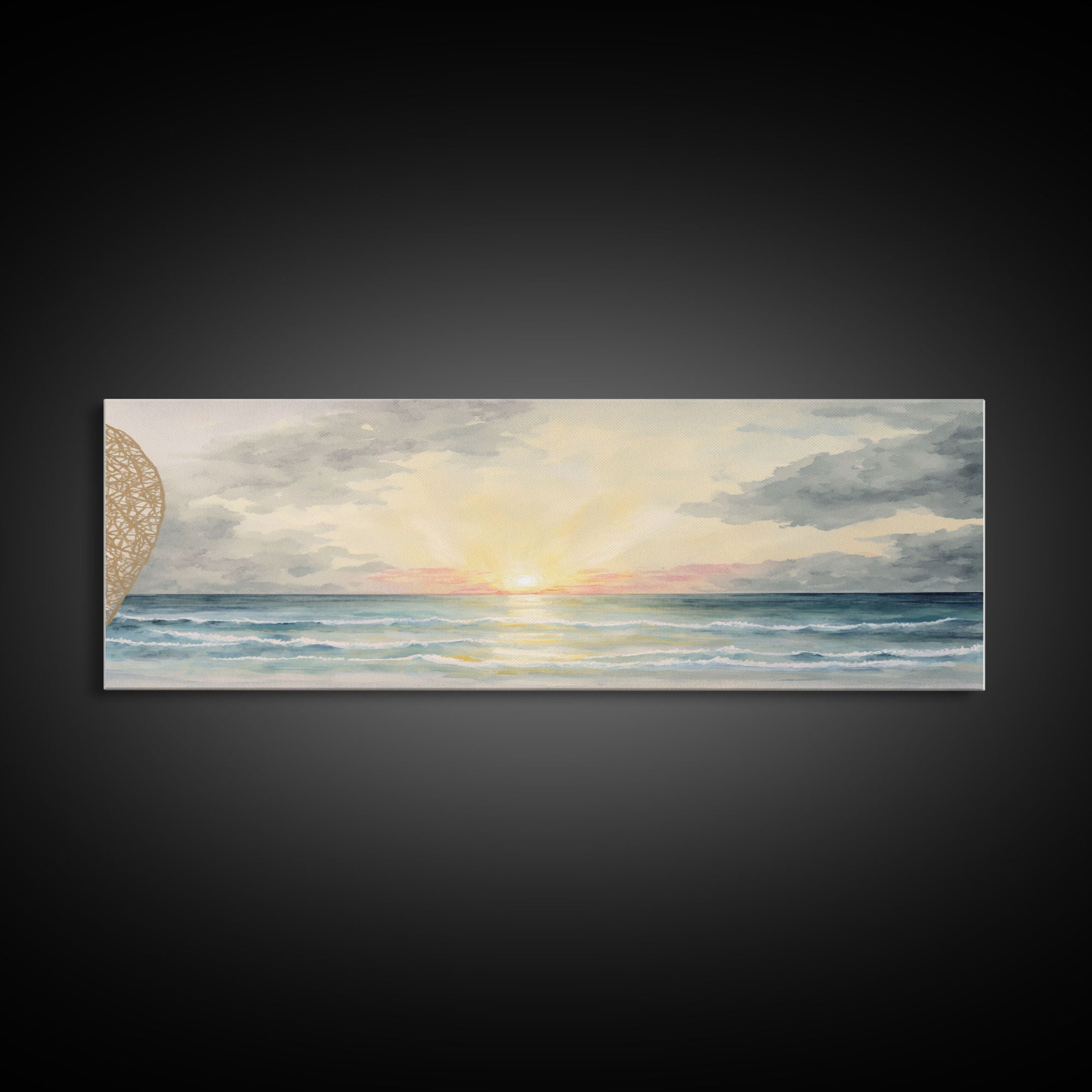 Panoramic Sea Canvas Oil Painting Print, Holiday Seascape Art, Blue Sky Cloud Mural Living Room Decor Painting Framed Wall Art