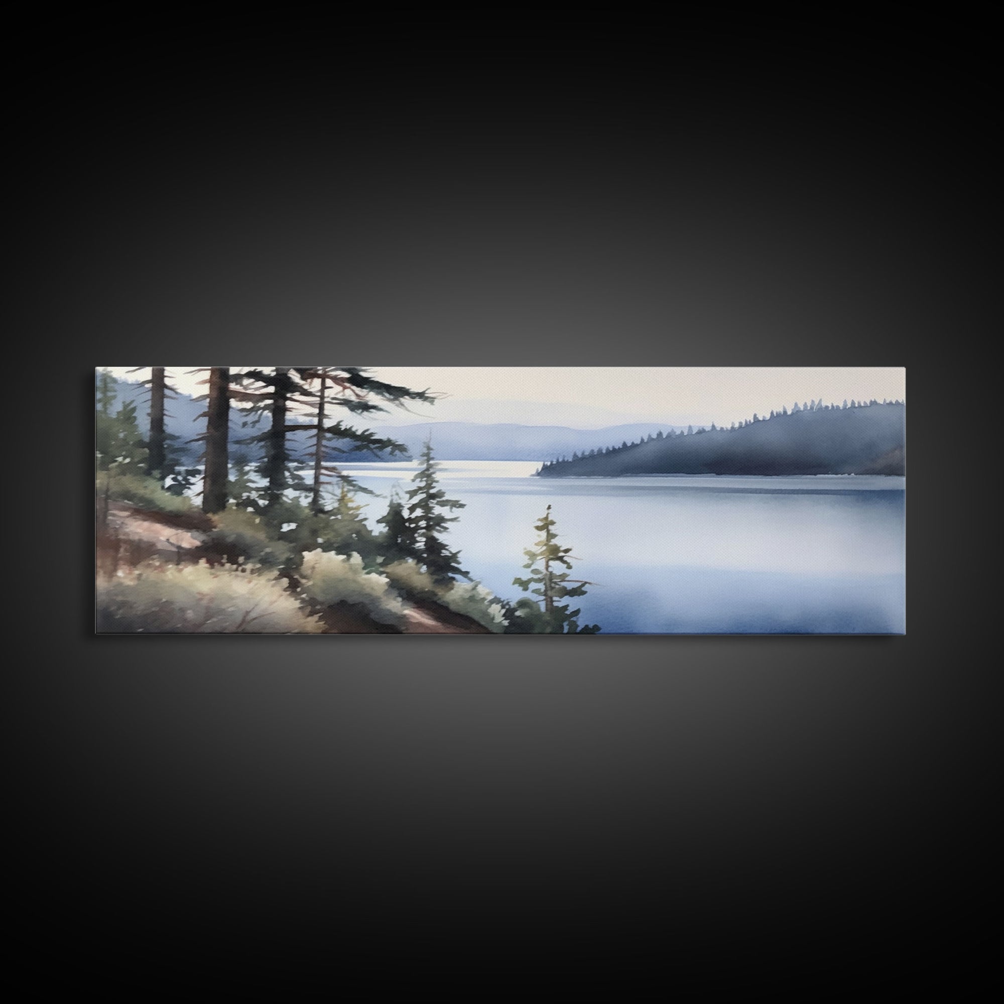 Watercolor Lake Wall Art Print, Nature, Water, Trees, River, Wall Decor, Large Canvas Art Print, Panoramic, Wall Art, Canvas Print