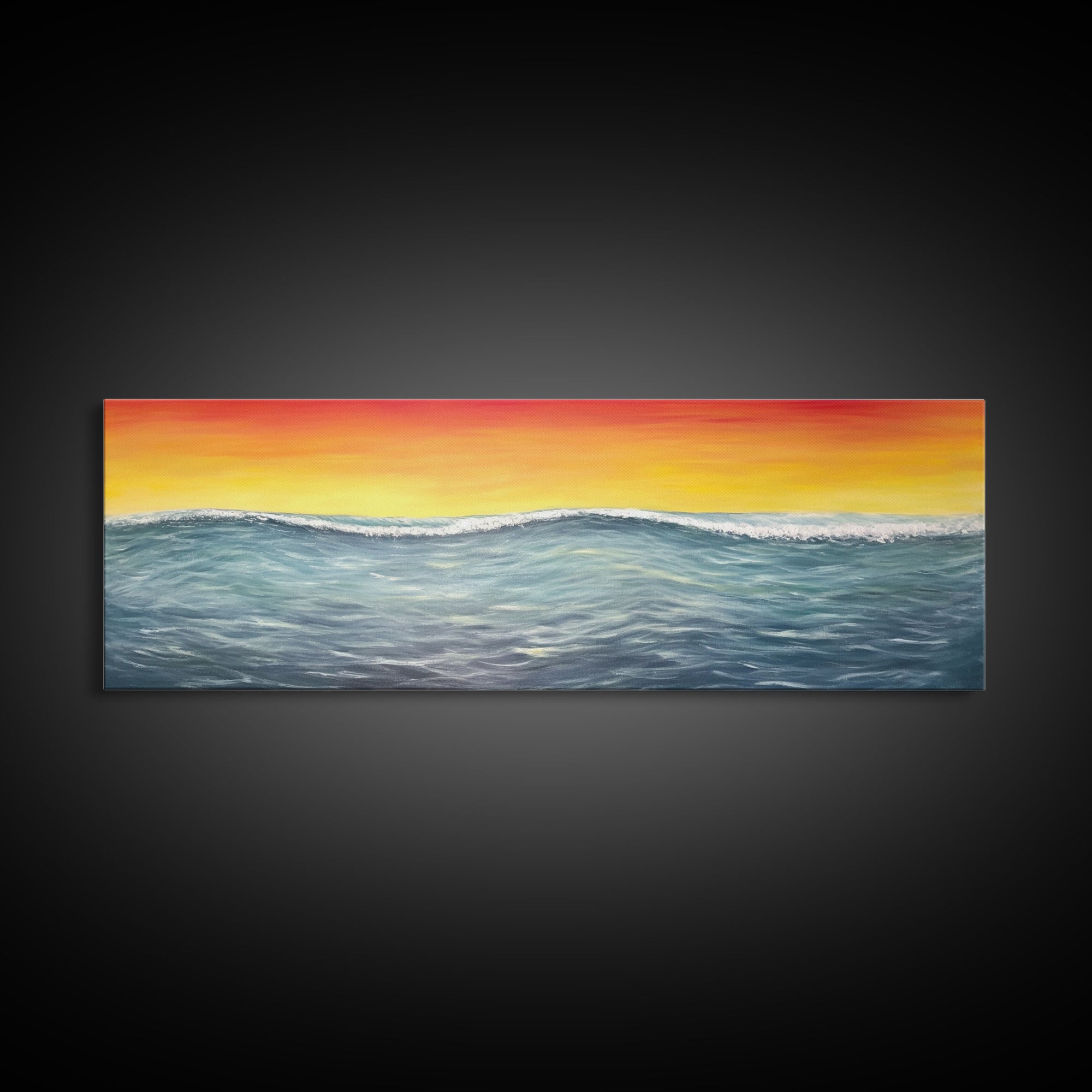 Seascape Canvas Art Print, Ocean, Waves, Horizon, Sunset, Orange, Blue, Yellow, Nature, Wall Decor, Panoramic, Wall Art, Canvas Print