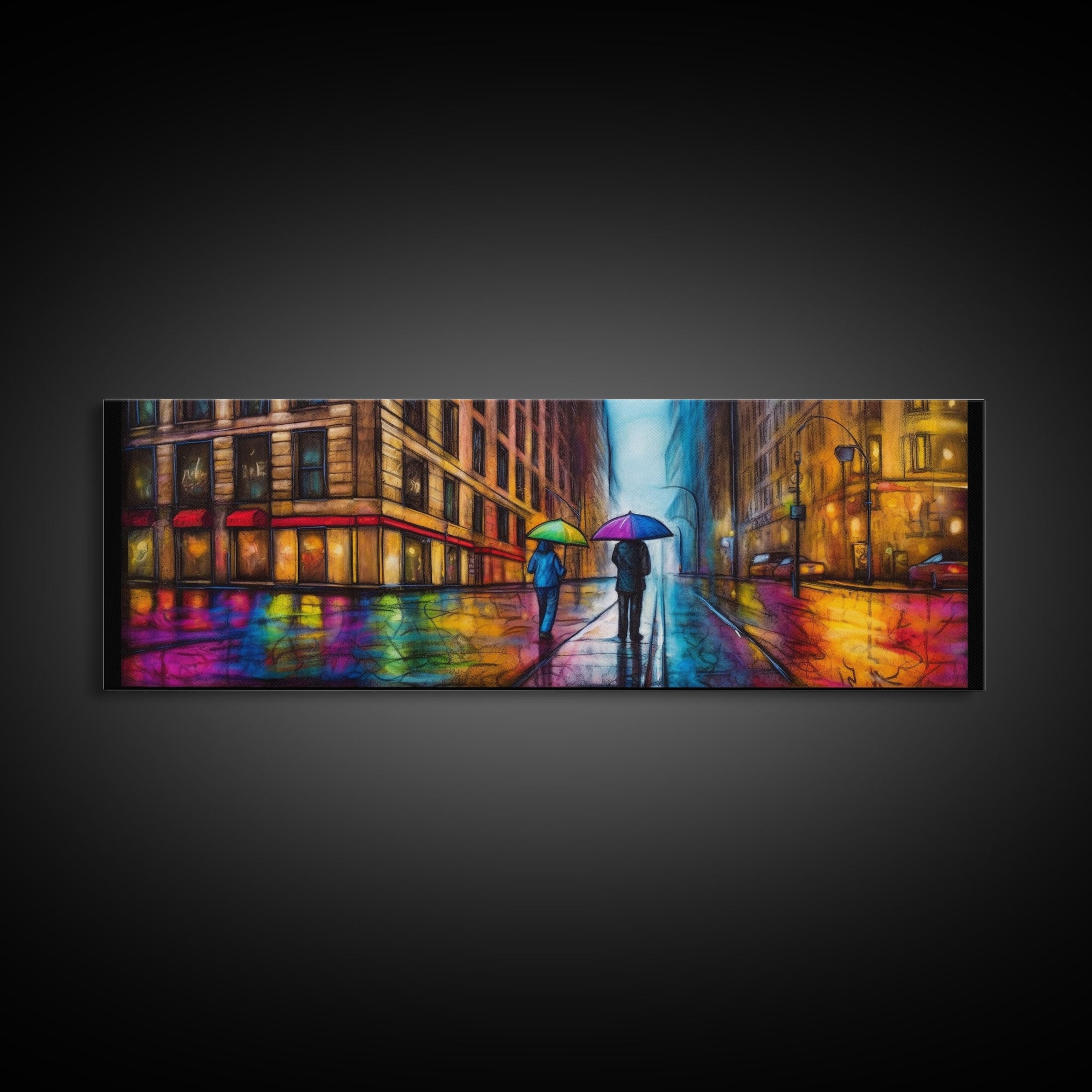 Colorful Umbrellas City Canvas Print, Large Urban Art Print, Two People Walking On Street, Vibrant Art, Panoramic, Wall Art, Canvas Print