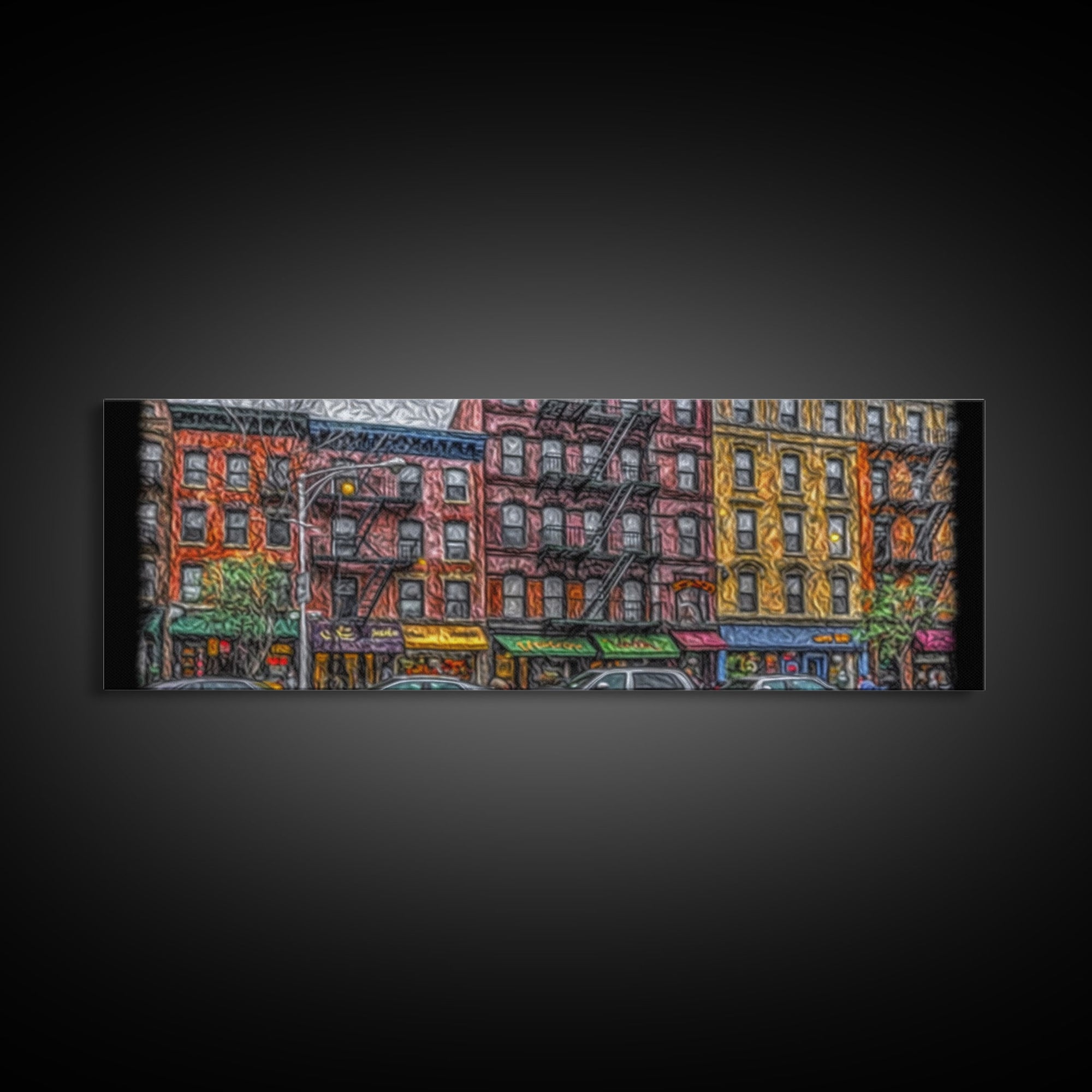 Abstract Row Of Buildings City Canvas Print, Large Urban Art Print, Cityscape Art, Vibrant Art, Panoramic, Wall Art, Canvas Print