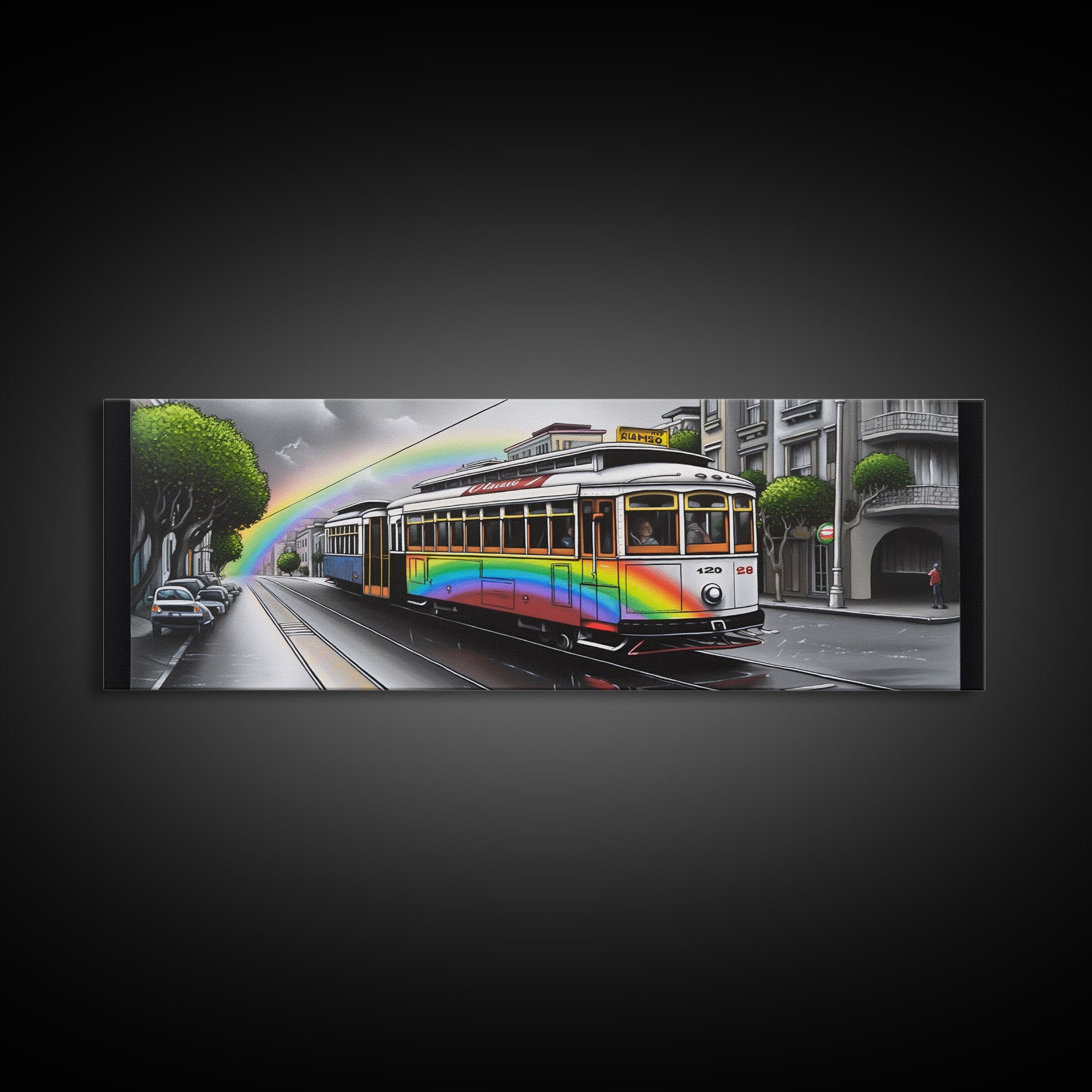 Streetcar Canvas Print, Urban Wall Art, Rainbow Canvas Art, Large Print, Framed Canvas, Wall Decor, Panoramic, Wall Art, Canvas Print