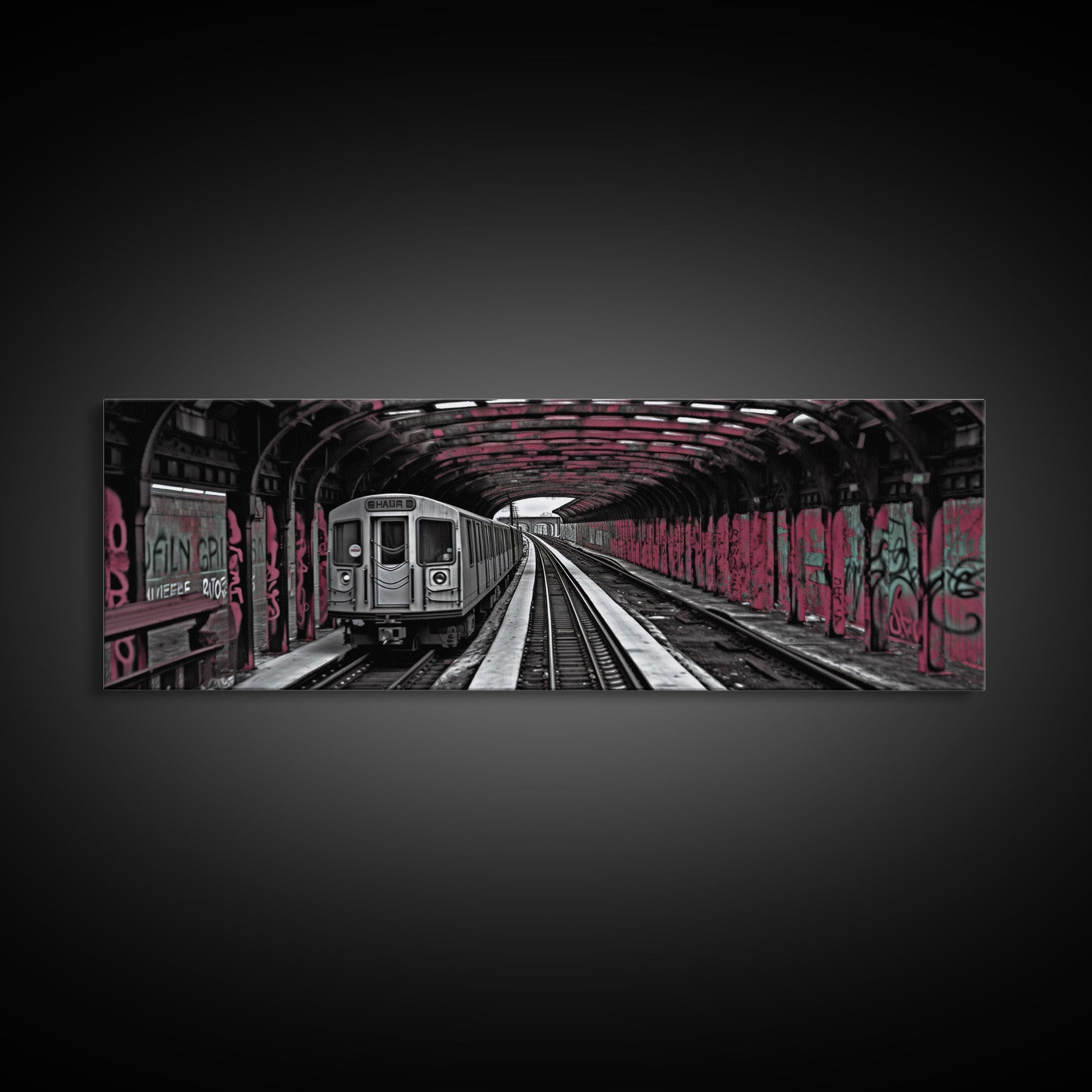 Pink Graffiti On Subway Train, Urban Art, Urban Canvas Art, Graffiti Art Canvas, Framed Canvas Print, Panoramic, Wall Art, Canvas Print