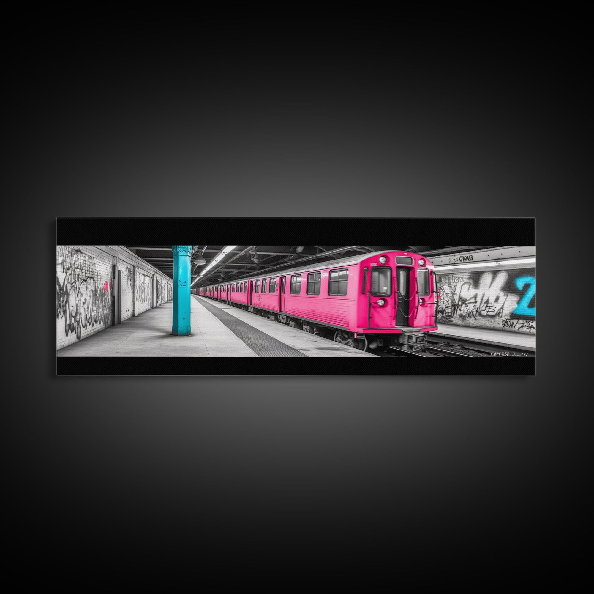 Graffiti On Subway Station, Graffiti Art Canvas, Pink Train, Wall Decor, Urban Art, Framed Canvas Print, Panoramic, Wall Art, Canvas Print