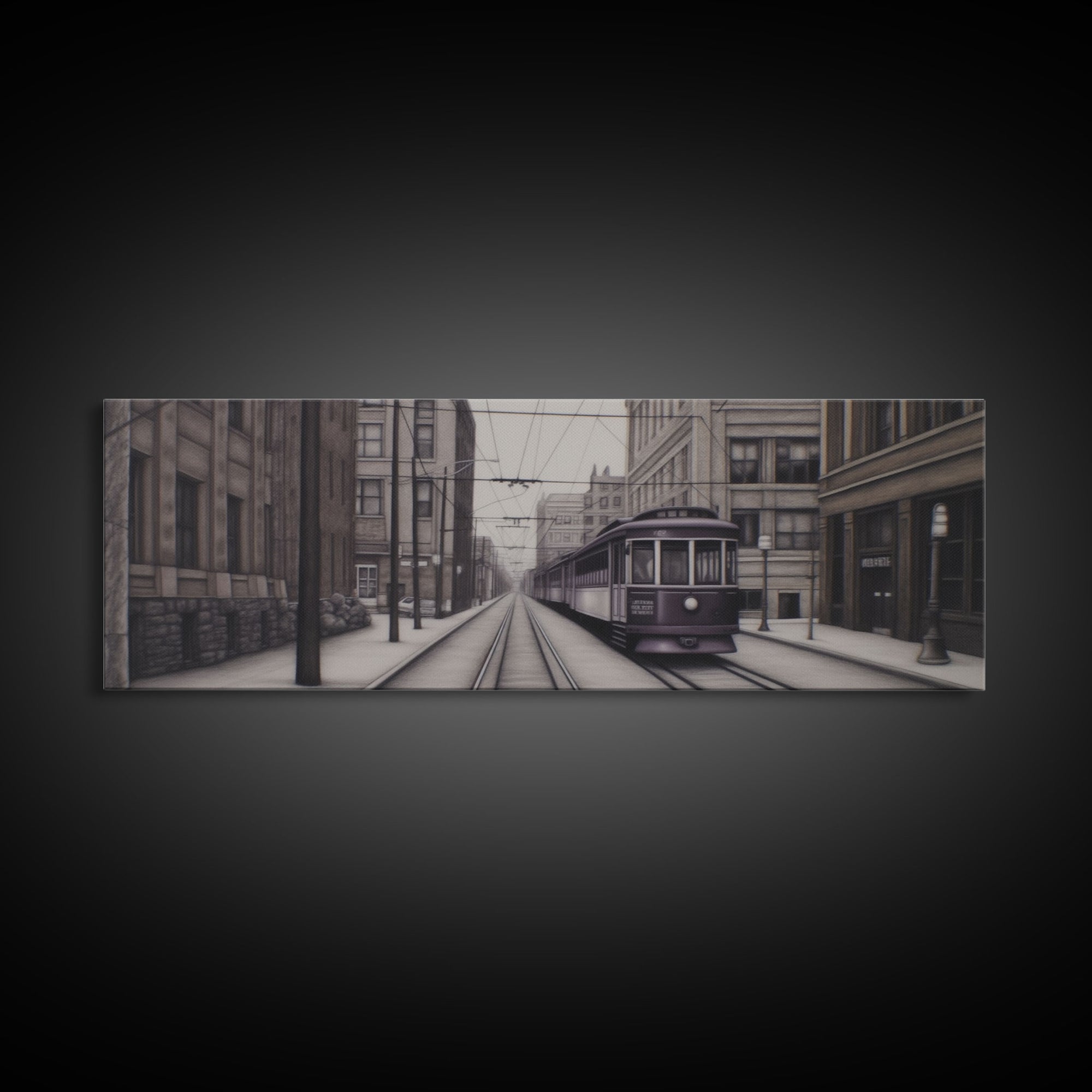 Streetcar Urban Art Print, Purple Train, Perspective Art, City Art, Urban Canvas Print, Panoramic, Wall Art, Canvas Print