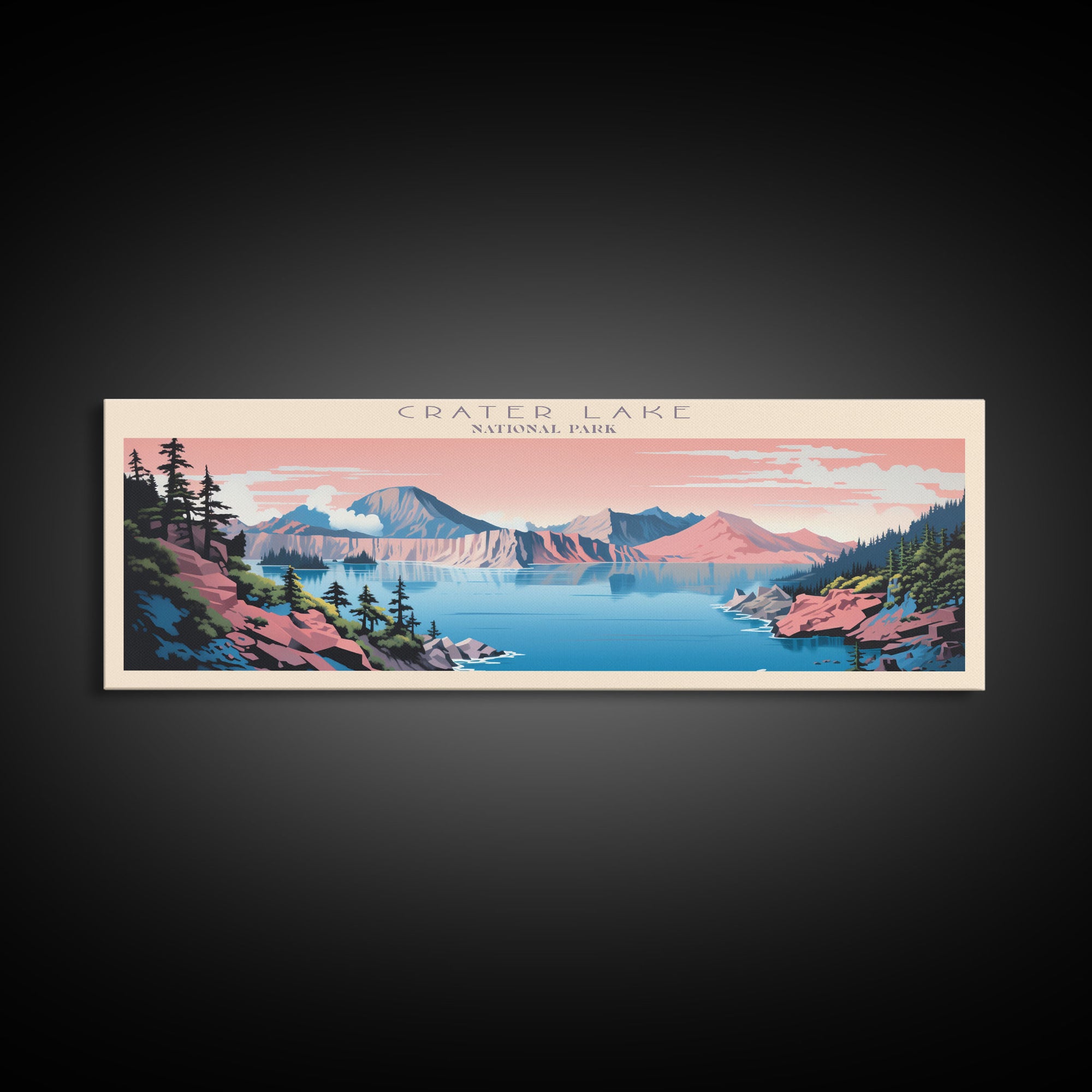 Crater Lake National Park, Panoramic Oregon Travel Art, National Park Print, Minimalist Travel Art, Midcentury Modern Style Landscape