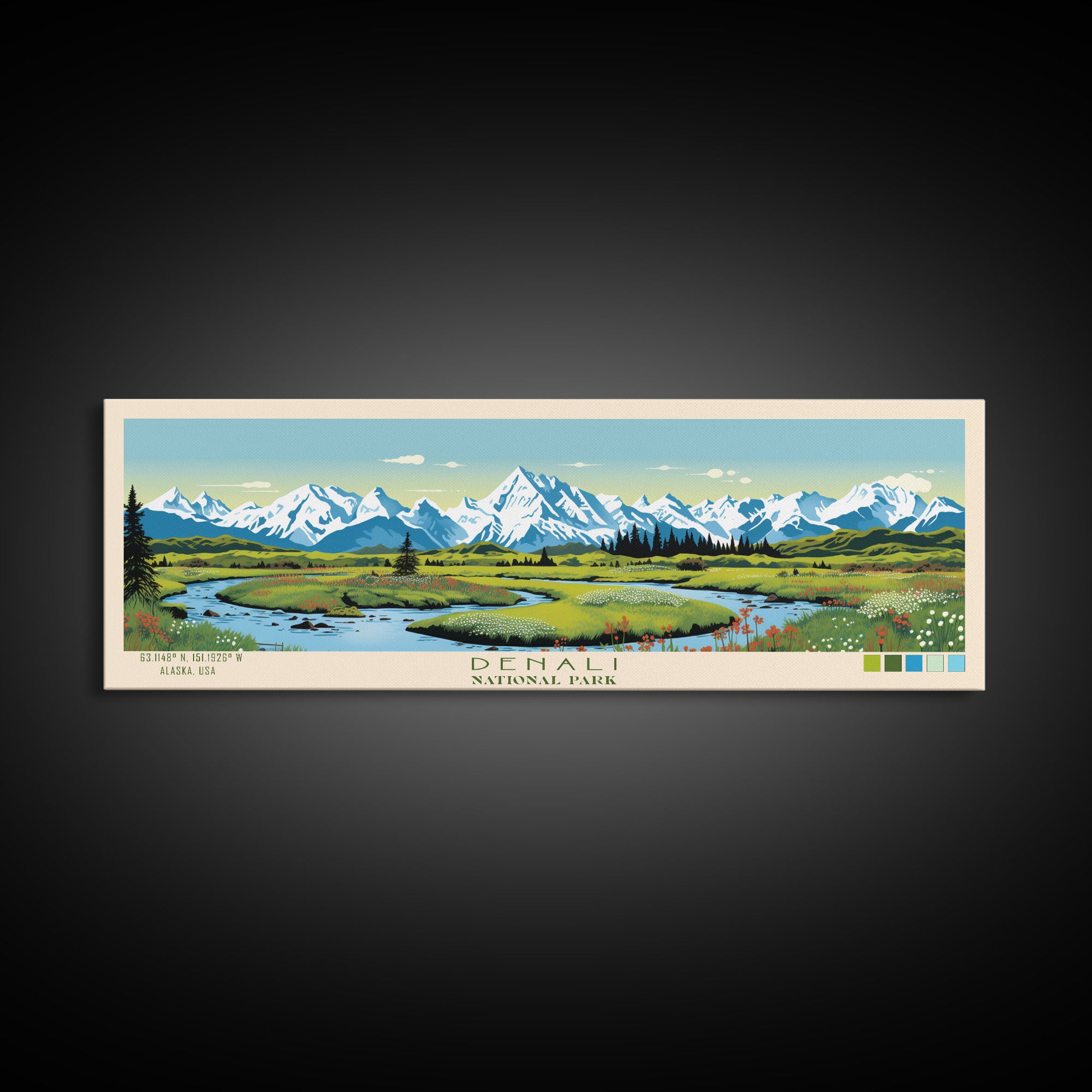 Denali National Park, Panoramic Alaska Travel Art, National Park Print, Minimalist Travel Art, Midcentury Modern Style Landscape