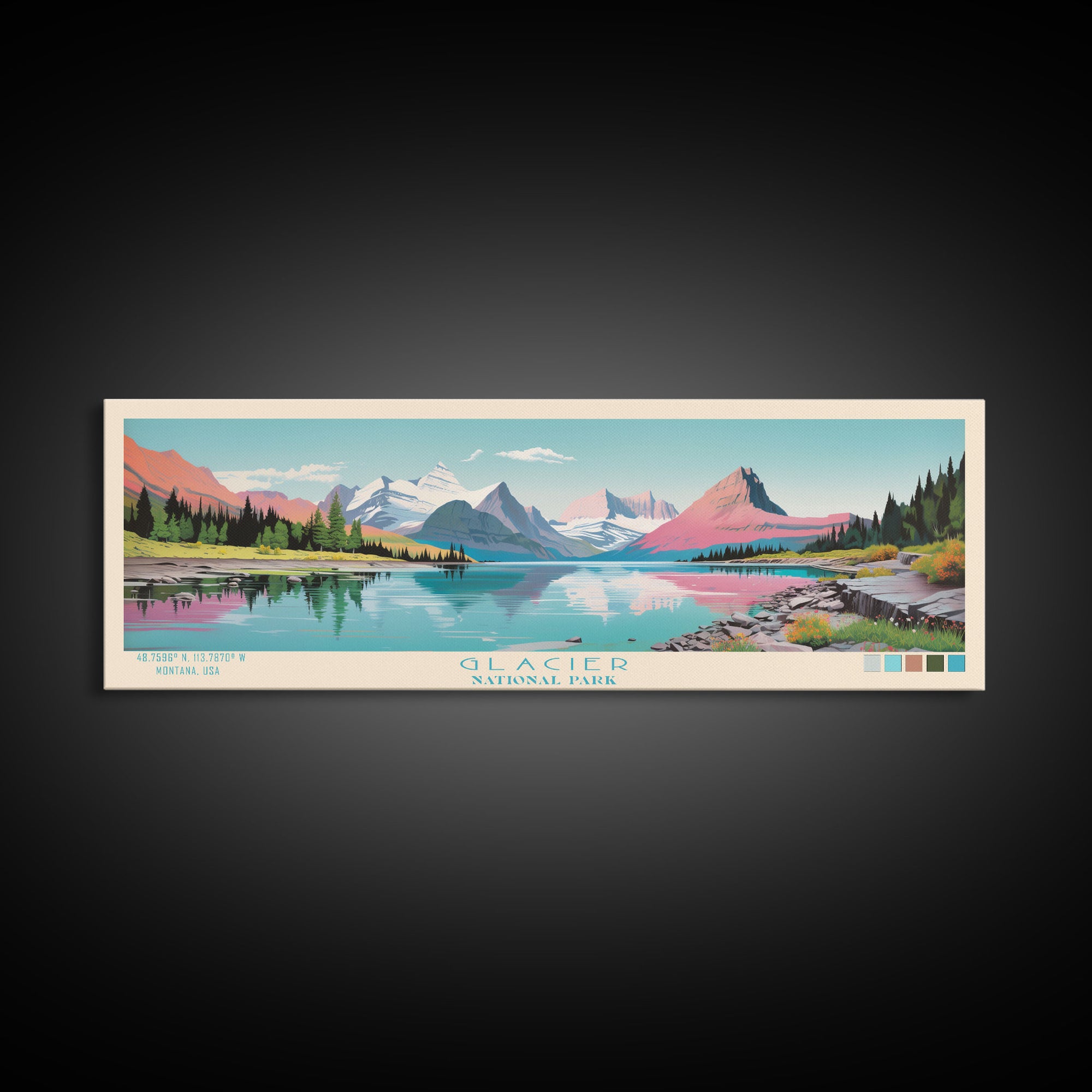 Glacier National Park, Panoramic Montana Travel Art, National Park Print, Minimalist Travel Art, Midcentury Modern Style Landscape