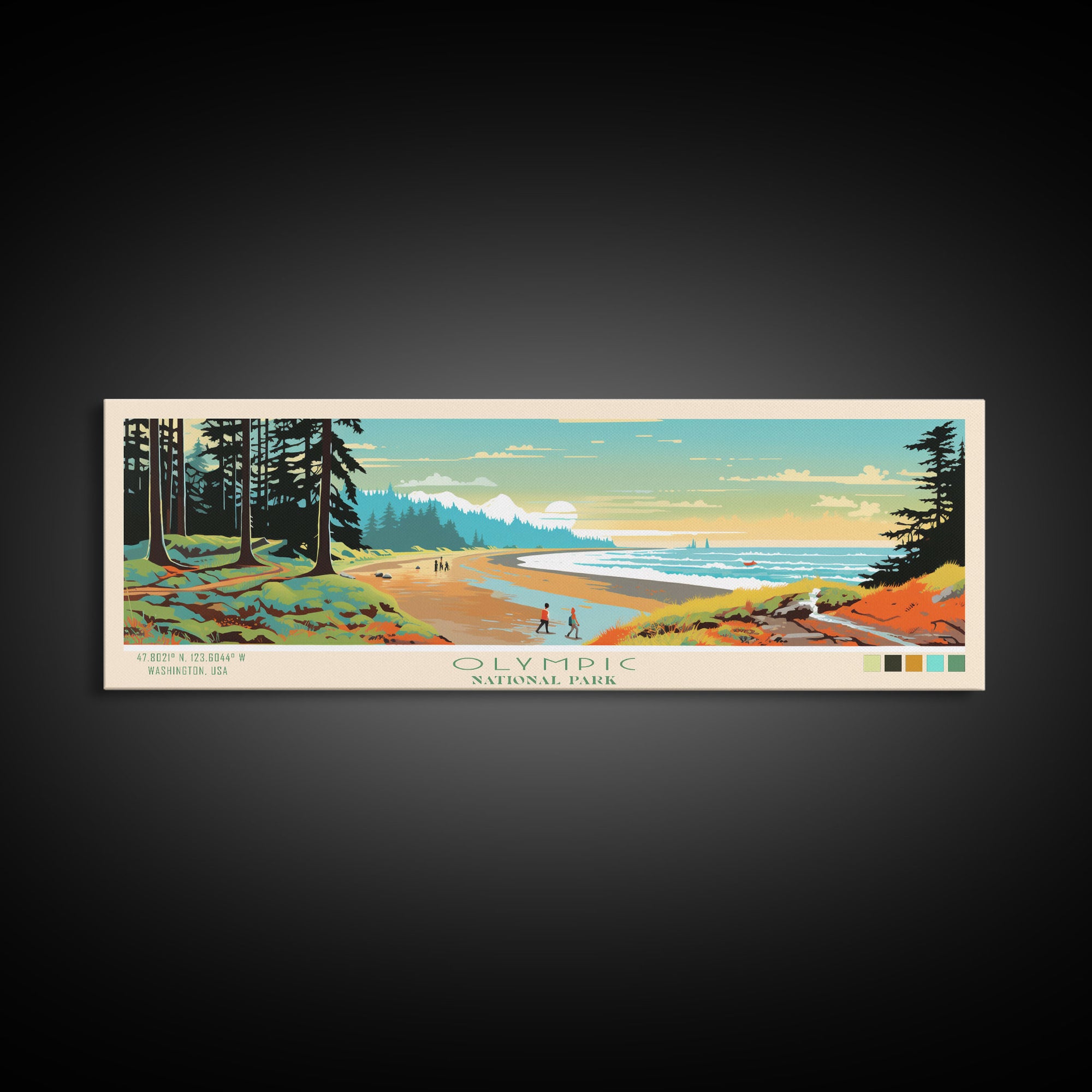 Olympic National Park Panoramic Washington Travel Art, National Park Print, Minimalist Travel Art, Midcentury Modern Style Landscape