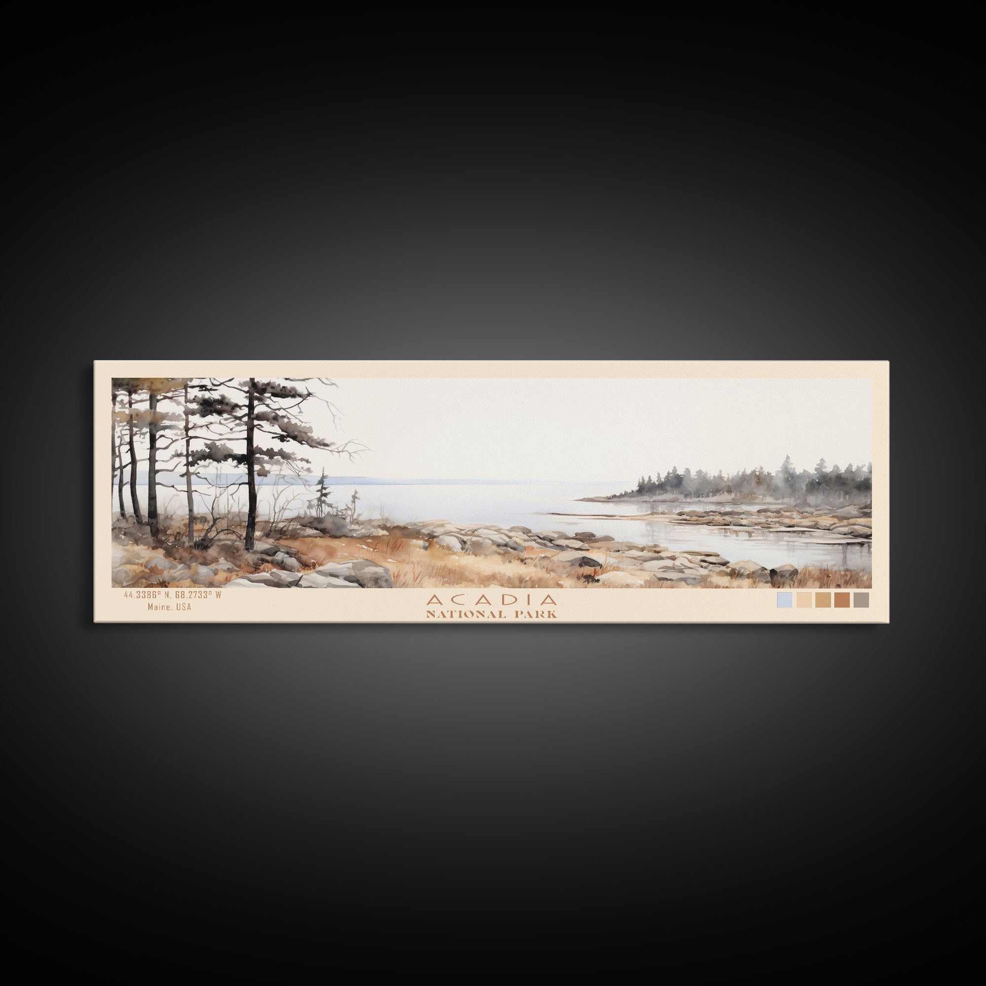 Acadia National Park Panoramic Maine Travel Art, National Park Print, Minimalist Travel Art, Subdued Watercolor Painting Panoramic