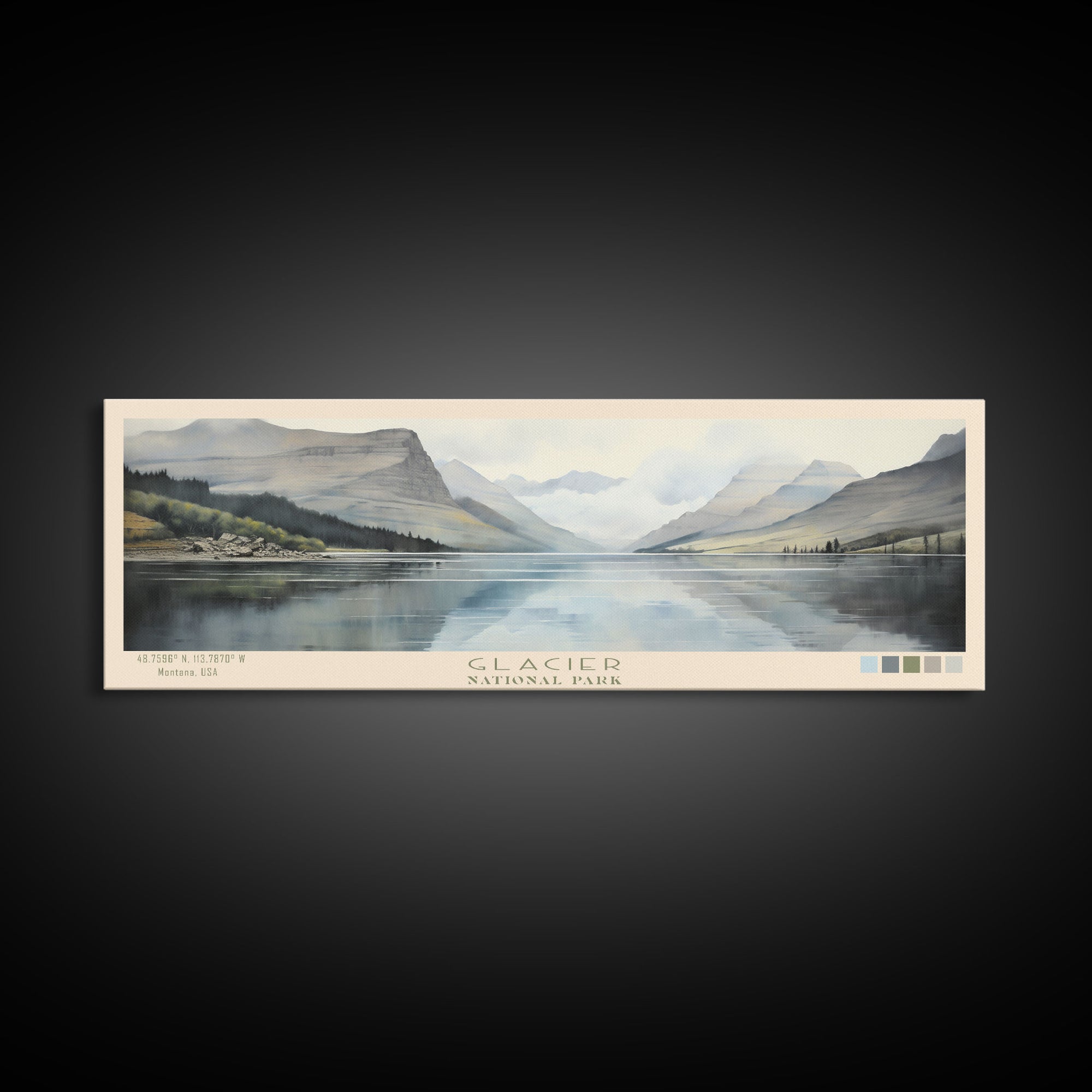 Glacier National Park Panoramic Montana Travel Art, National Park Print, Minimalist Travel Art, Subdued Watercolor Painting Panoramic