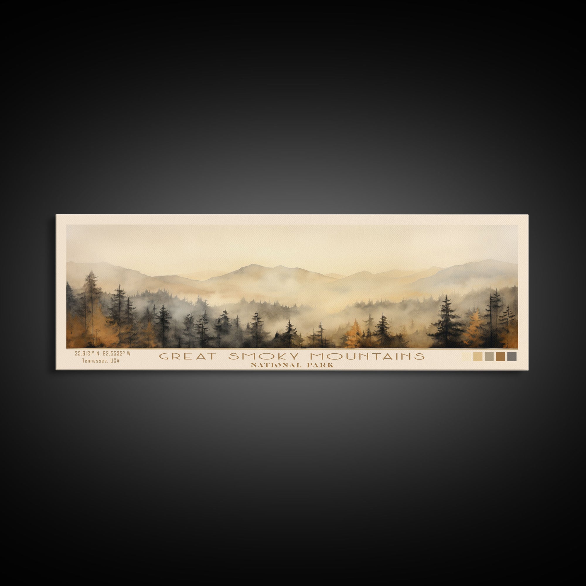 Great Smoky Mountains National Park Panoramic Travel Art, National Park Print, Minimalist Travel Art, Subdued Watercolor Painting Panoramic