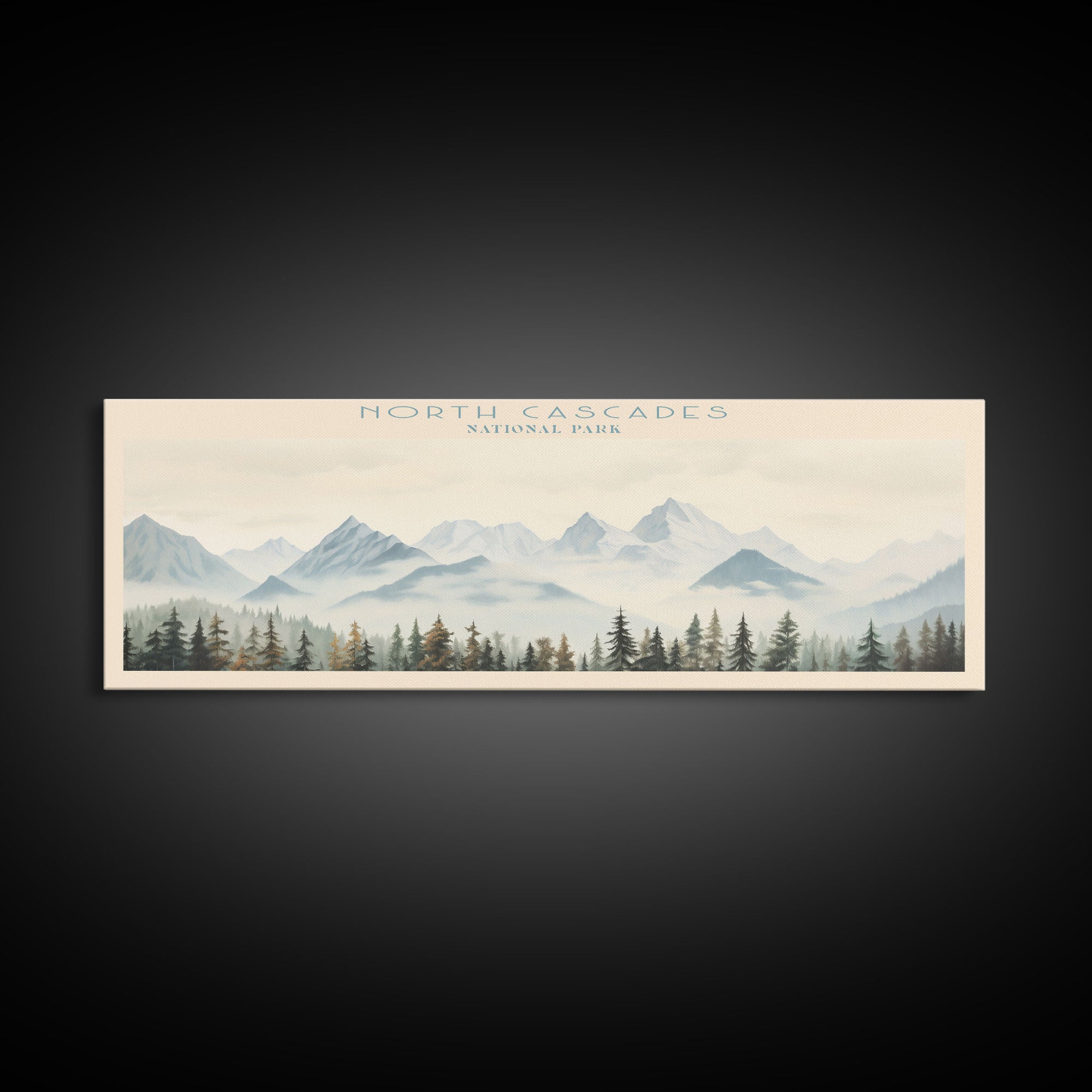 North Cascades National Park Panoramic Travel Art, National Park Print, Minimalist Travel Art, Subdued Watercolor Painting Panoramic