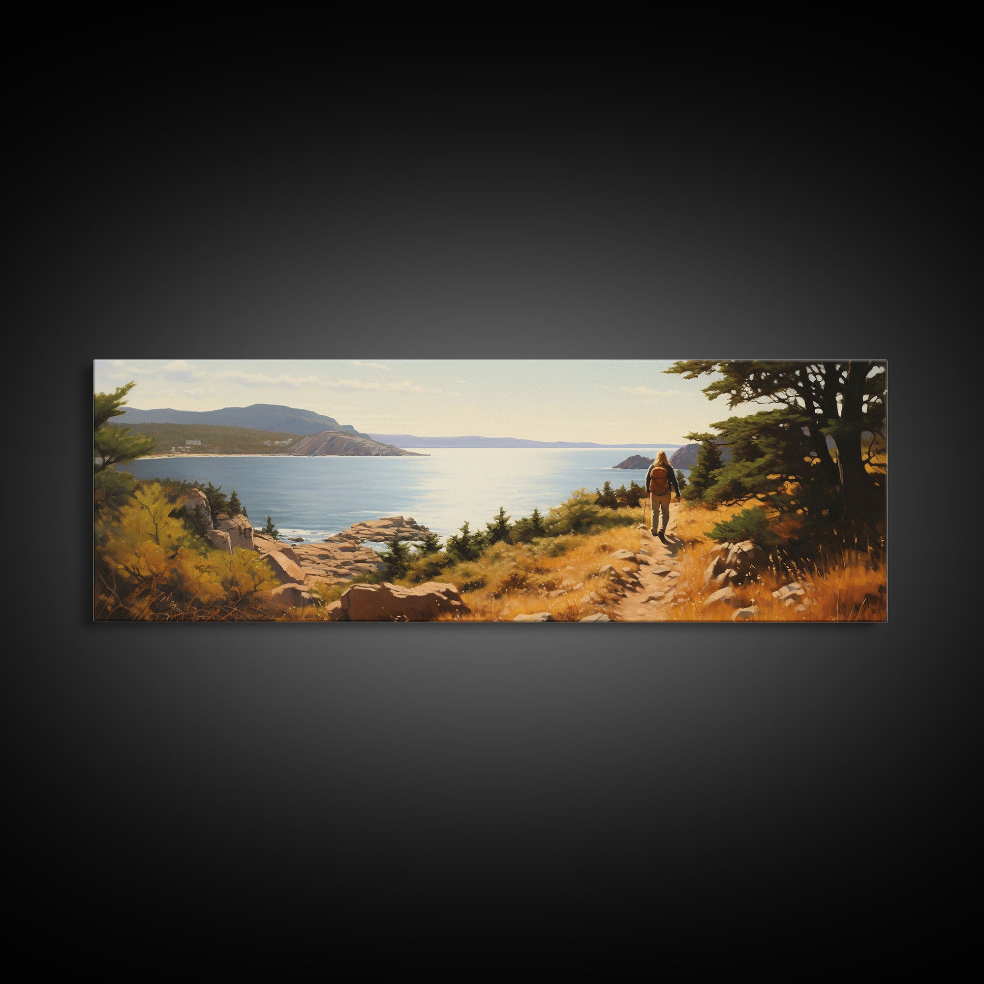 Watercolor Panoramic Acadia National Park Framed Canvas Print, Extra Large Art