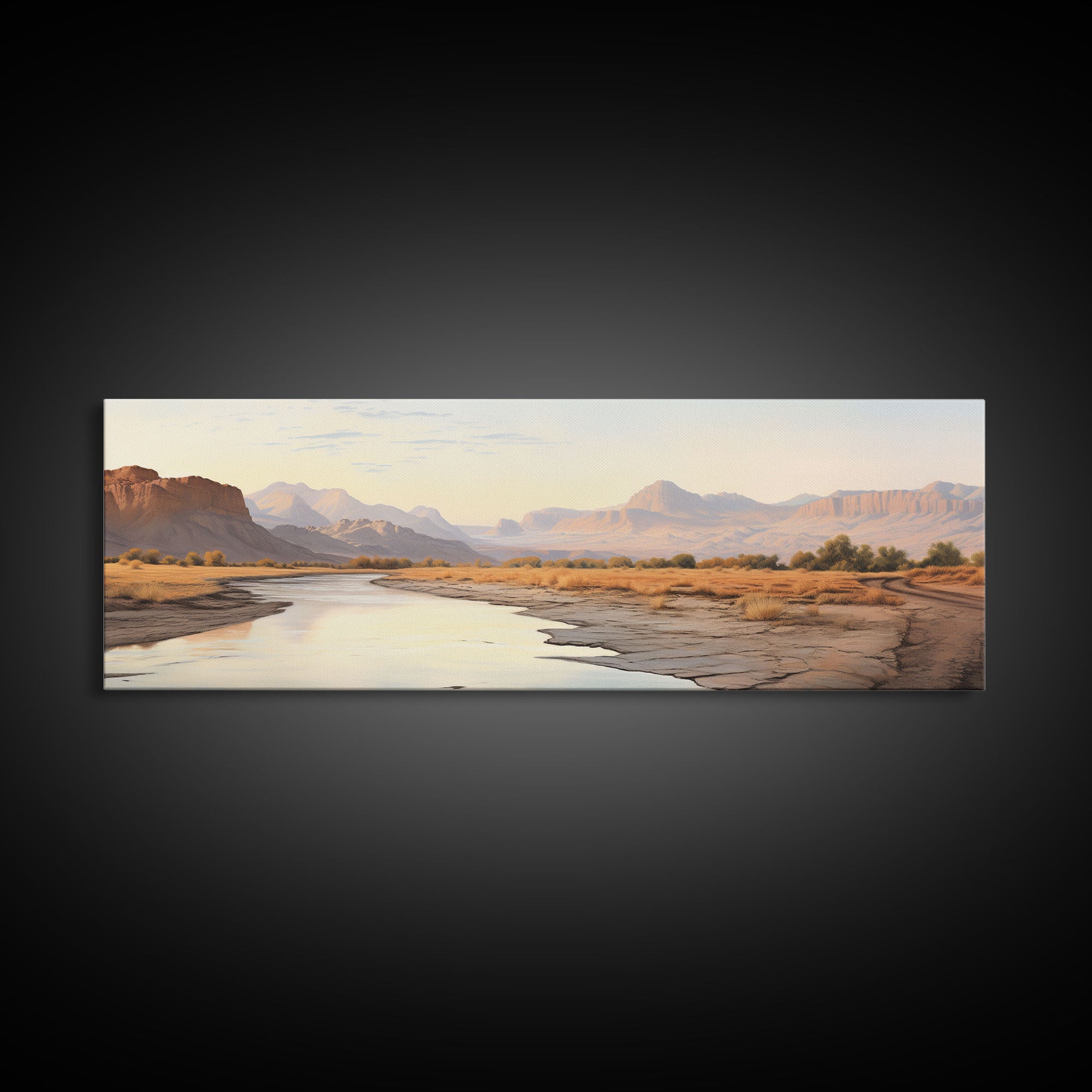 Ultrawide Panoramic Watercolor Landscape Painting Of a Utah Desert, Framed Canvas Print, Subdued Boho Minimalist Wall Art