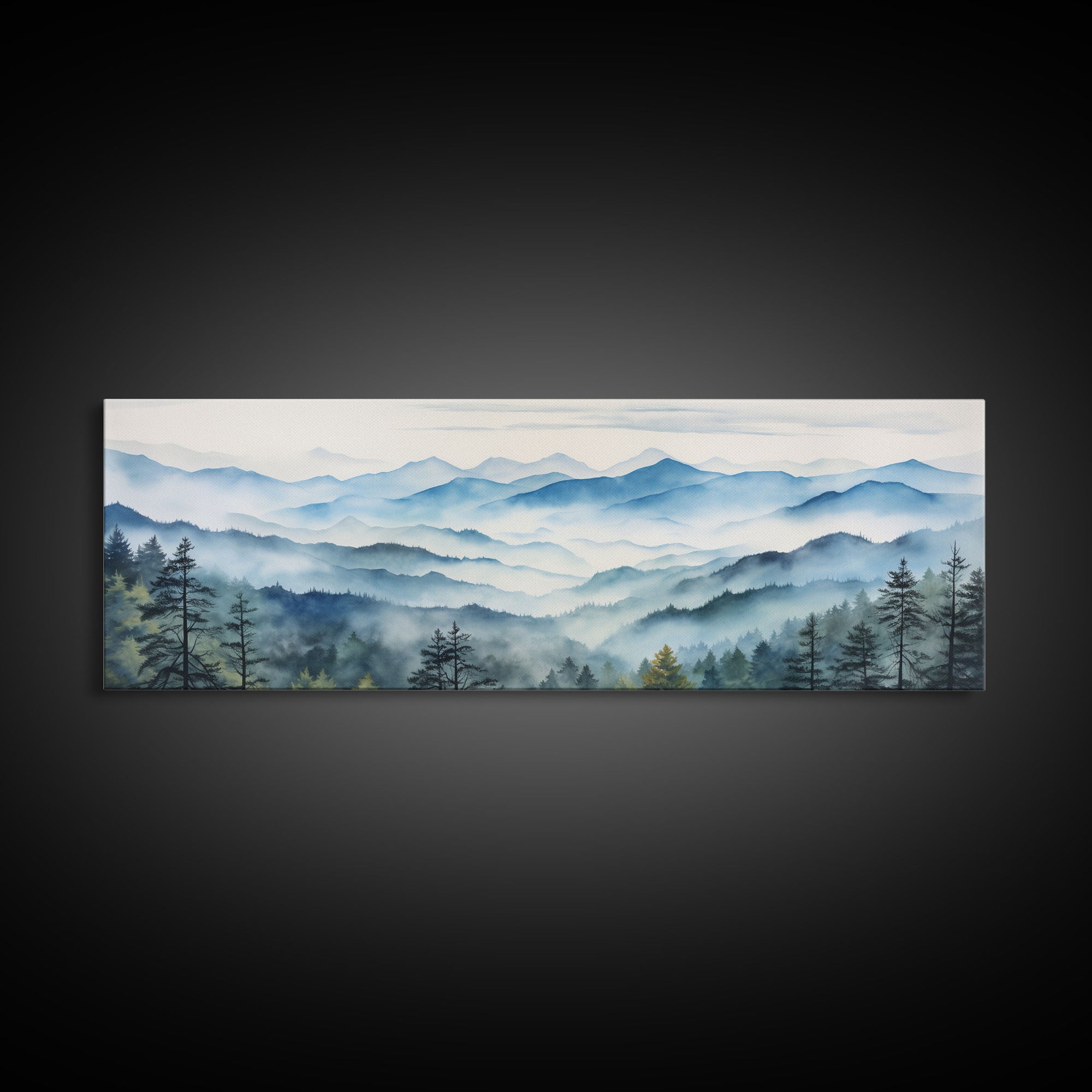 Blue Ridge Mountains National Park Panoramic Watercolor Painting Framed Canvas Print Large Wall Art