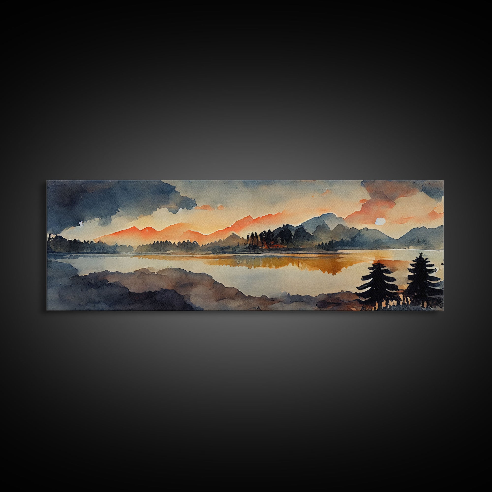 Watercolor painting of a forest fire, canvas print, landscape art, cool living room art, depressing art, Panoramic Ready To Hang wall decor