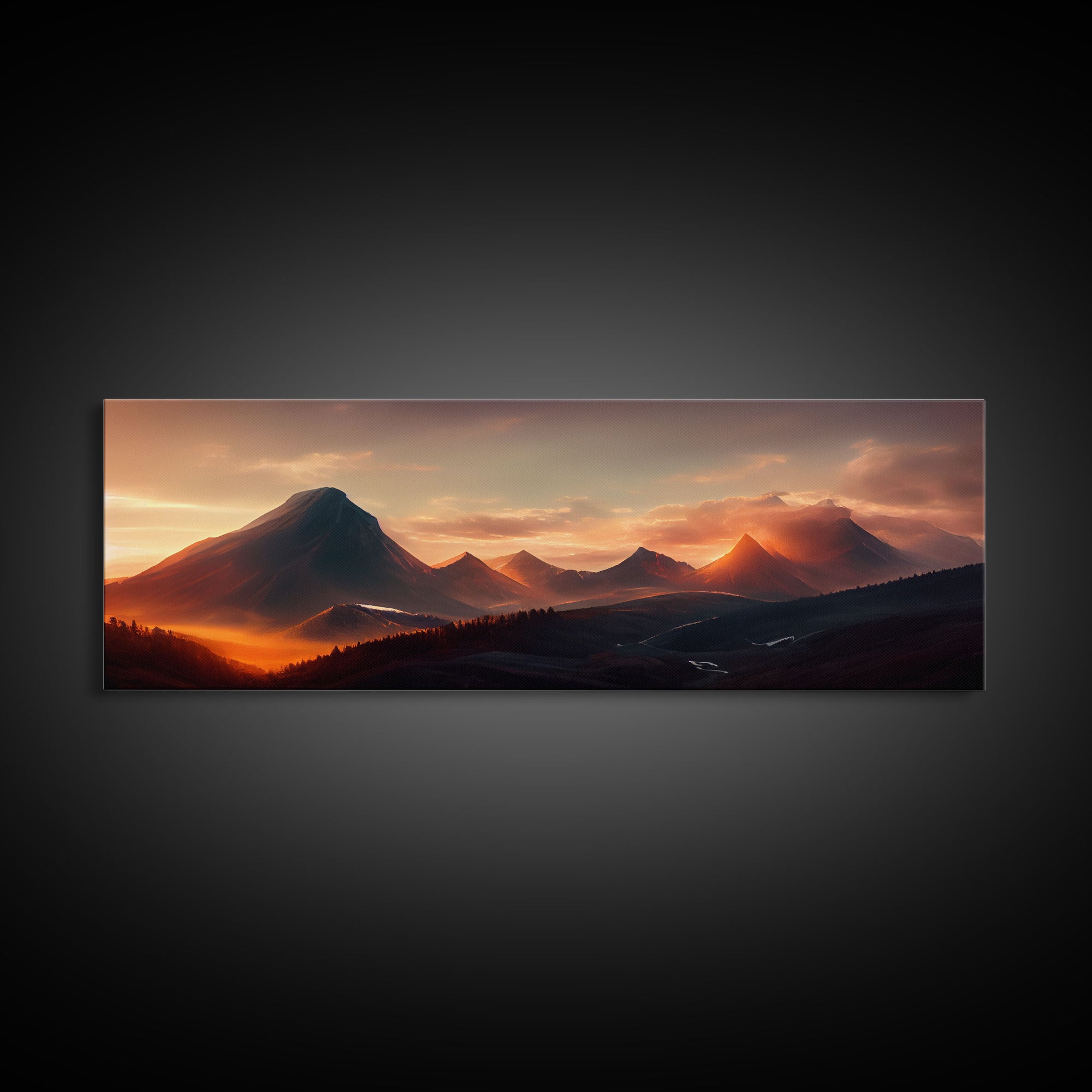 Sunset Over The Mountains, Ready To Hang Canvas Print, Panoramic Art, Above Bed Art, Above Couch Art, Above Sofa Landscape Decor