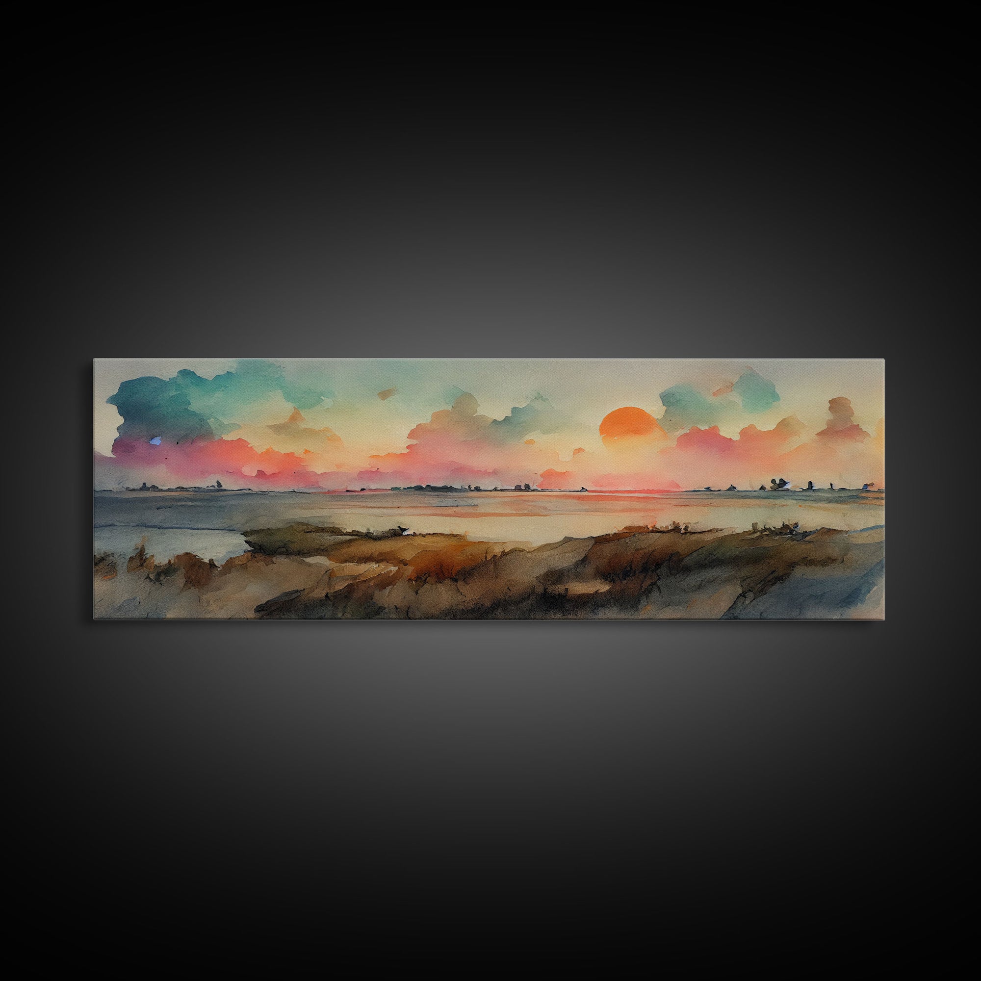 Watercolor Landscape Painting Print, Ready To Hang Panoramic Canvas Print, Whimsical Water Color Sunset, Hazy Smoky Sky