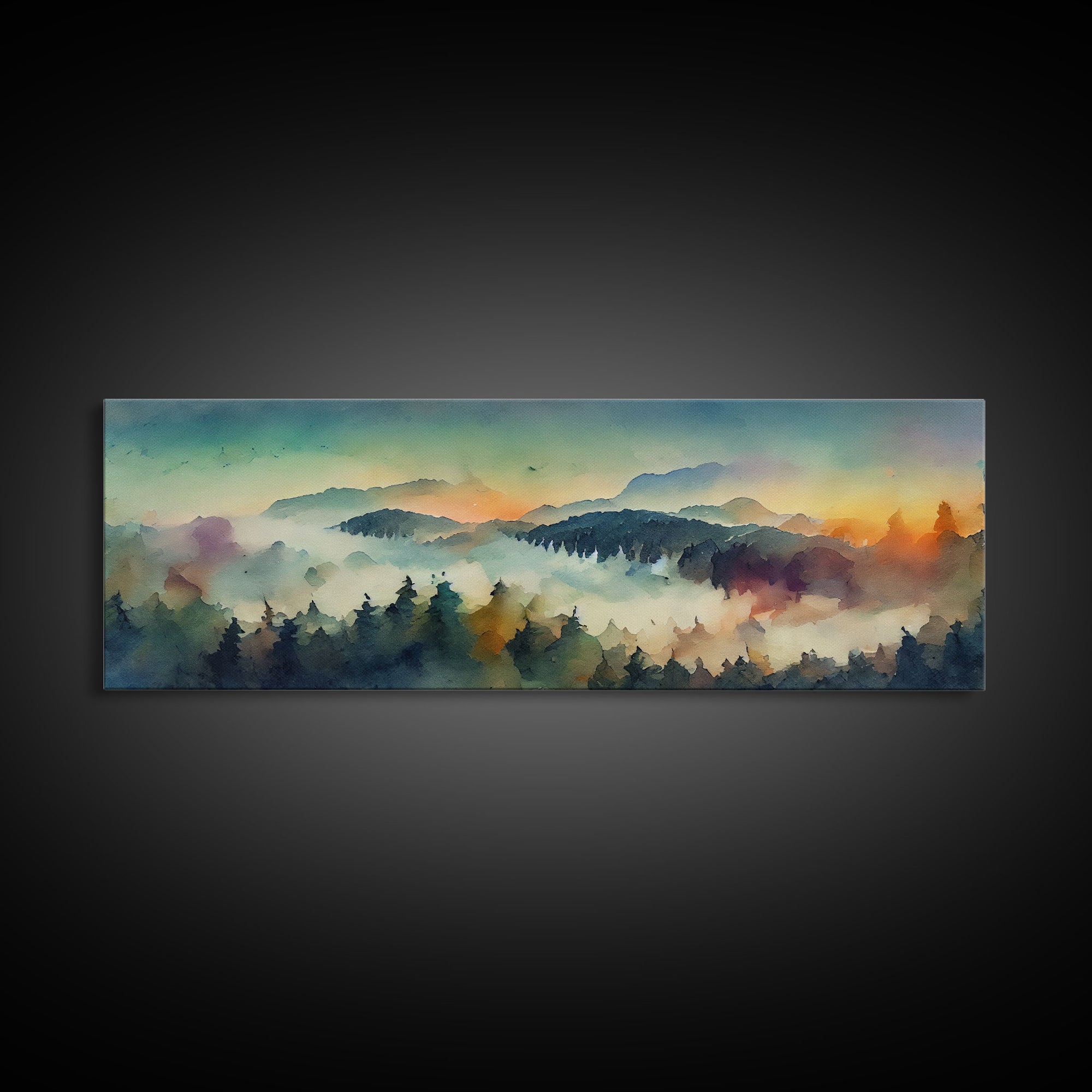 Dramatic Watercolor Sunset Landscape, Ready To Hang Canvas Print, Panoramic, Emerald Green Landscape Wall Decor, Watercolour Painting