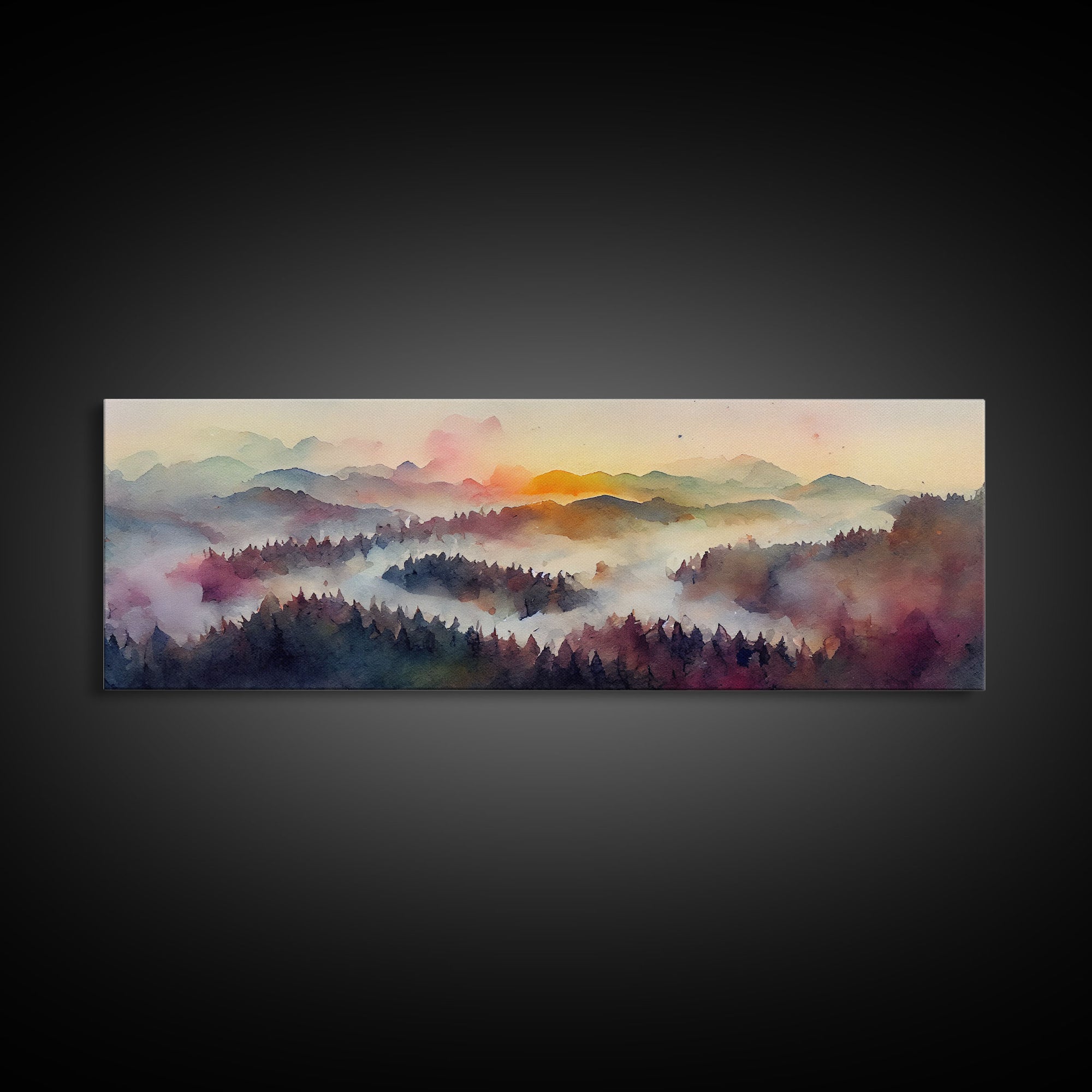 Dramatic Watercolor Sunset Landscape, Ready To Hang Canvas Print, Panoramic, Emerald Green Landscape Wall Decor, Above Bed Art, Guestroom