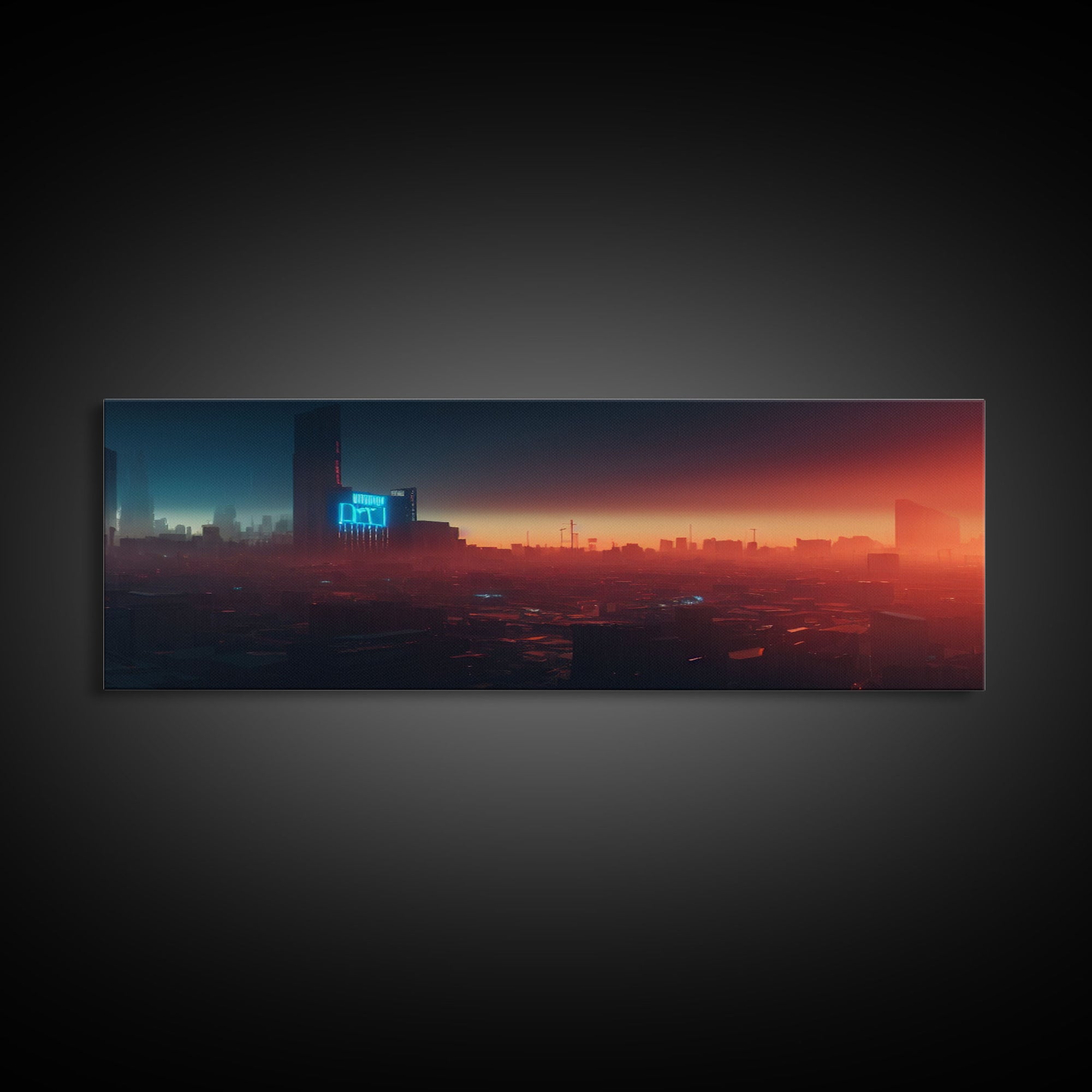 Cyberpunk Cityscape, Ready To Hang Canvas Print, Panoramic, Cyberpunk Concept Art, Cityscape at Sunset, Cool mancave art, gift for him