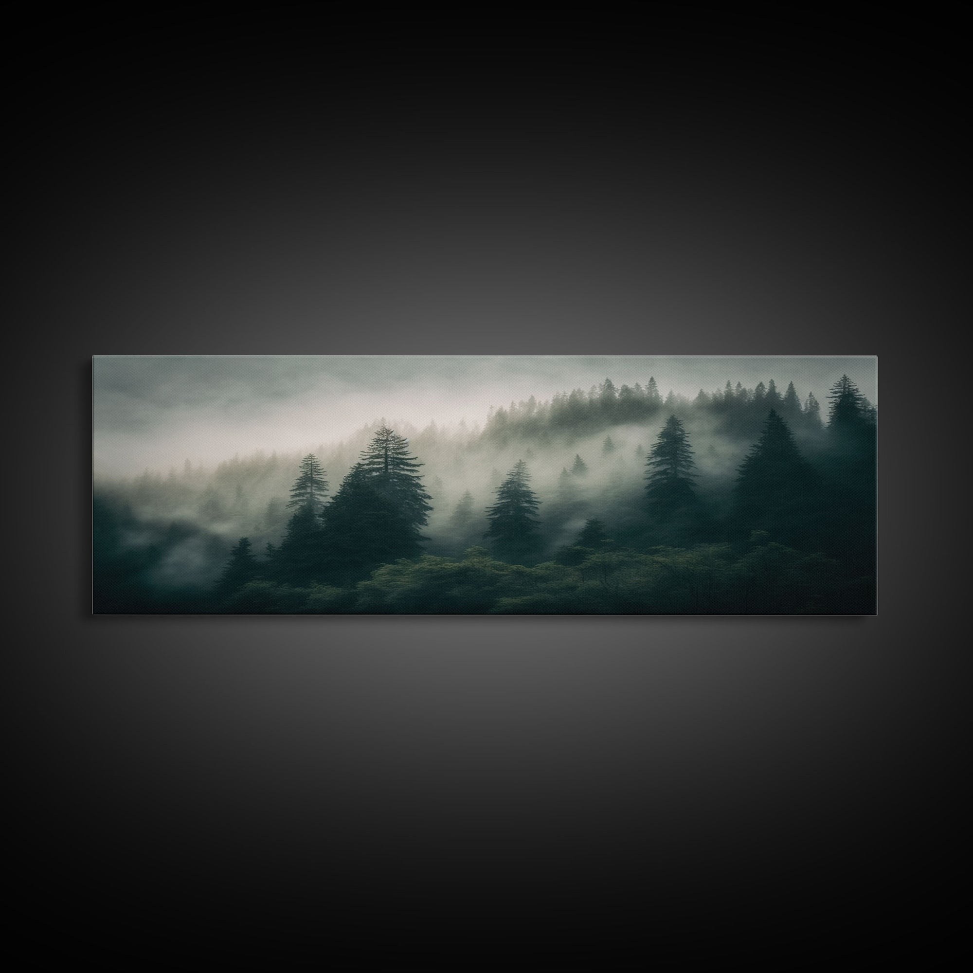 Panoramic watercolor of a misty forest fog, wall art, framed canvas print, farmhouse decor, foggy pine tree forest landscape, cabin art