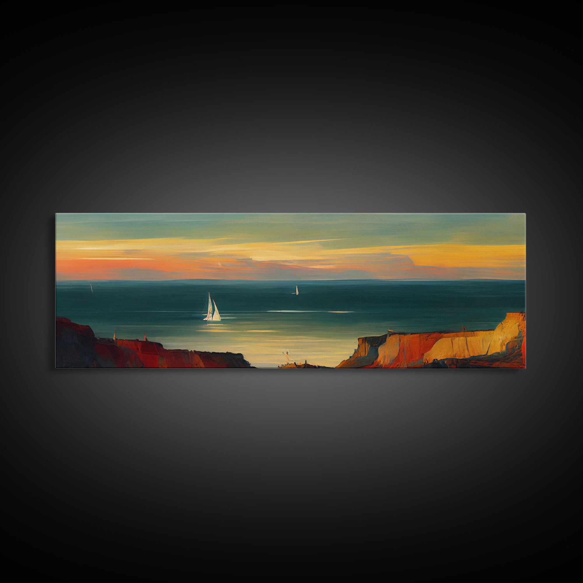 Pueblo Style Wall Decor, Ready To Hang Canvas Print, Panoramic Art, Sailboats On The Open Ocean, Nautical Wall Decor