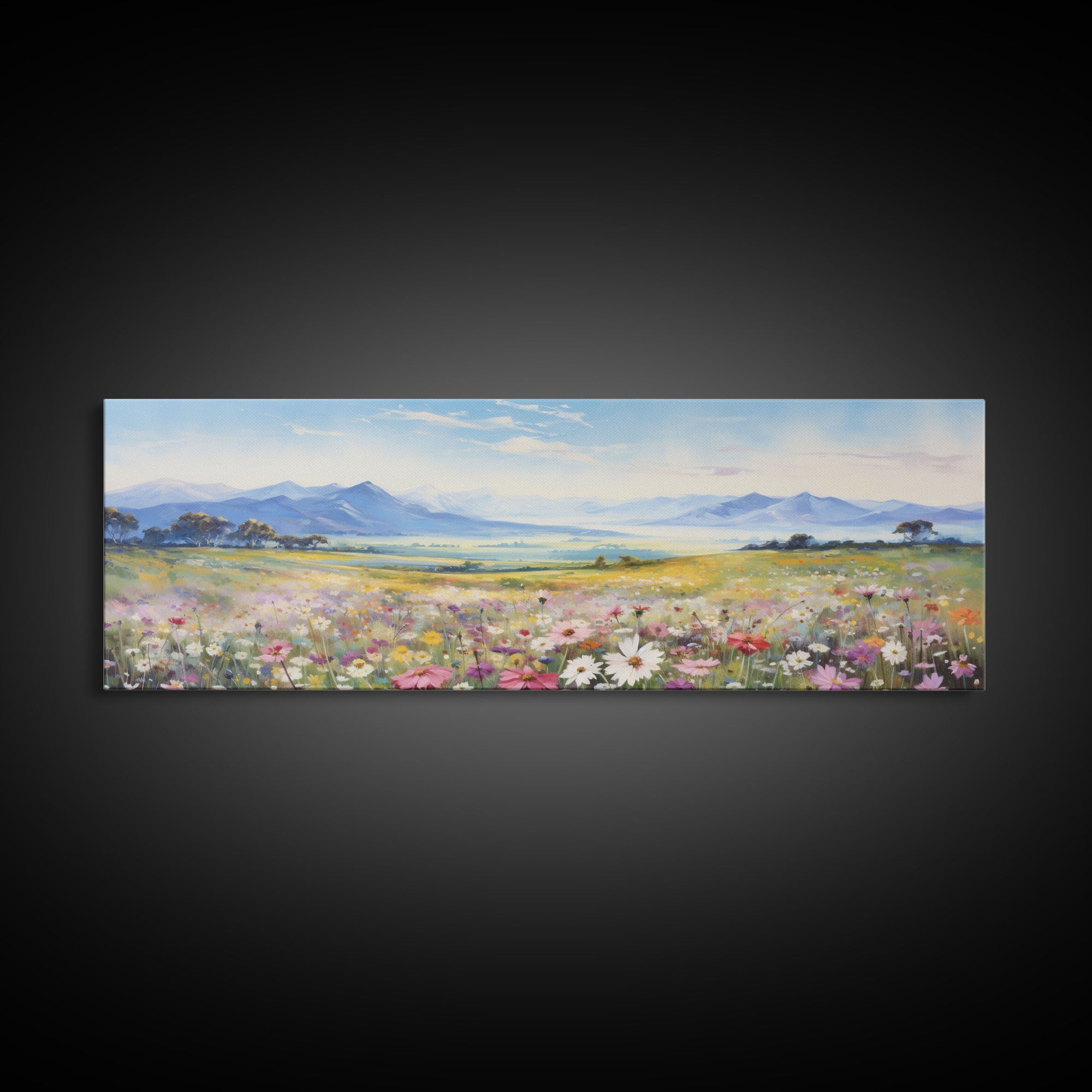 Beautiful Wildflowers Watercolor Painting Framed Canvas Print, Ultra Wide Panoramic Wall Art, 20 x 60 Art, Springtime Decor