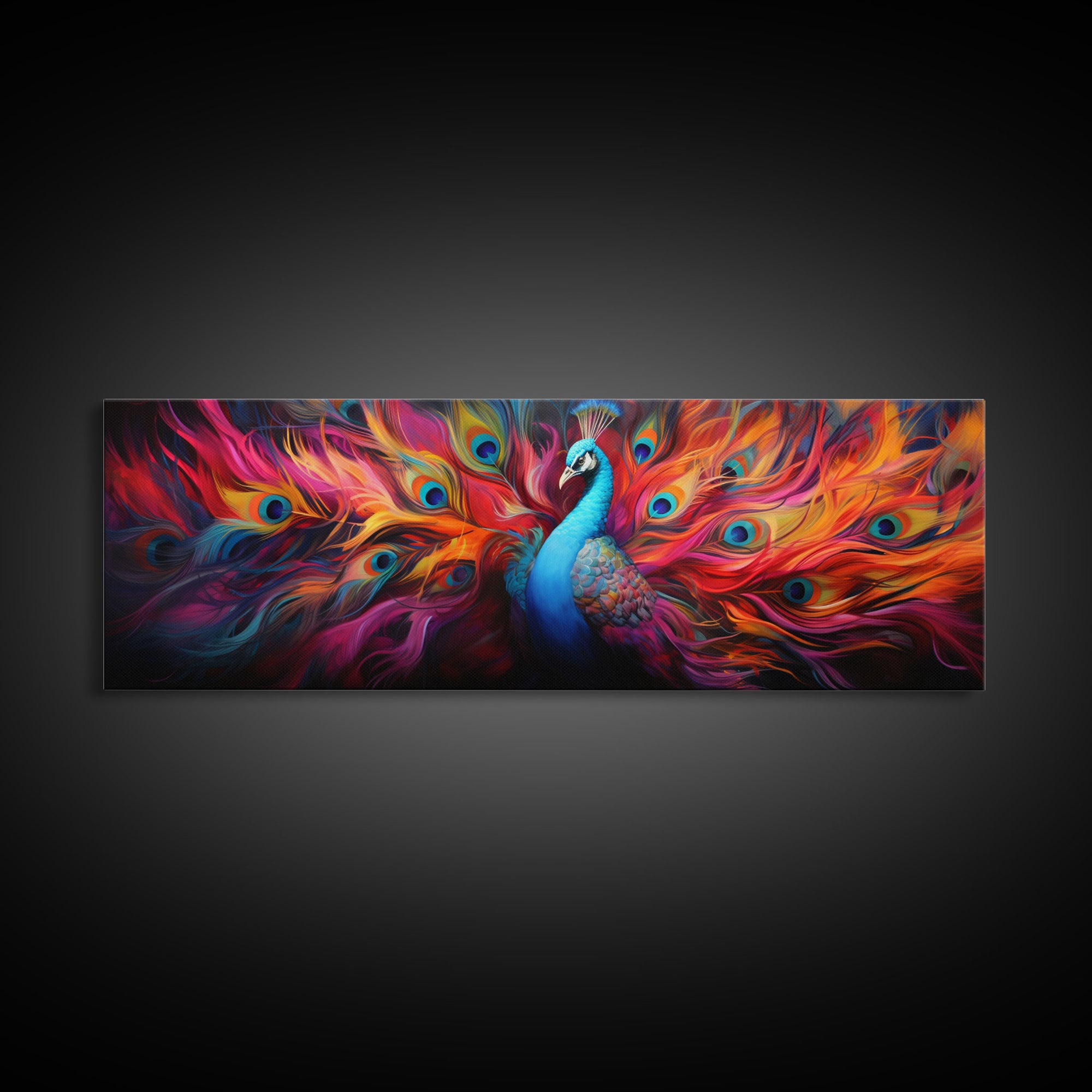 Surreal Peacock Painting Framed Canvas Print, Colorful Minimalist MCM Style Wall Art, Peacock Print