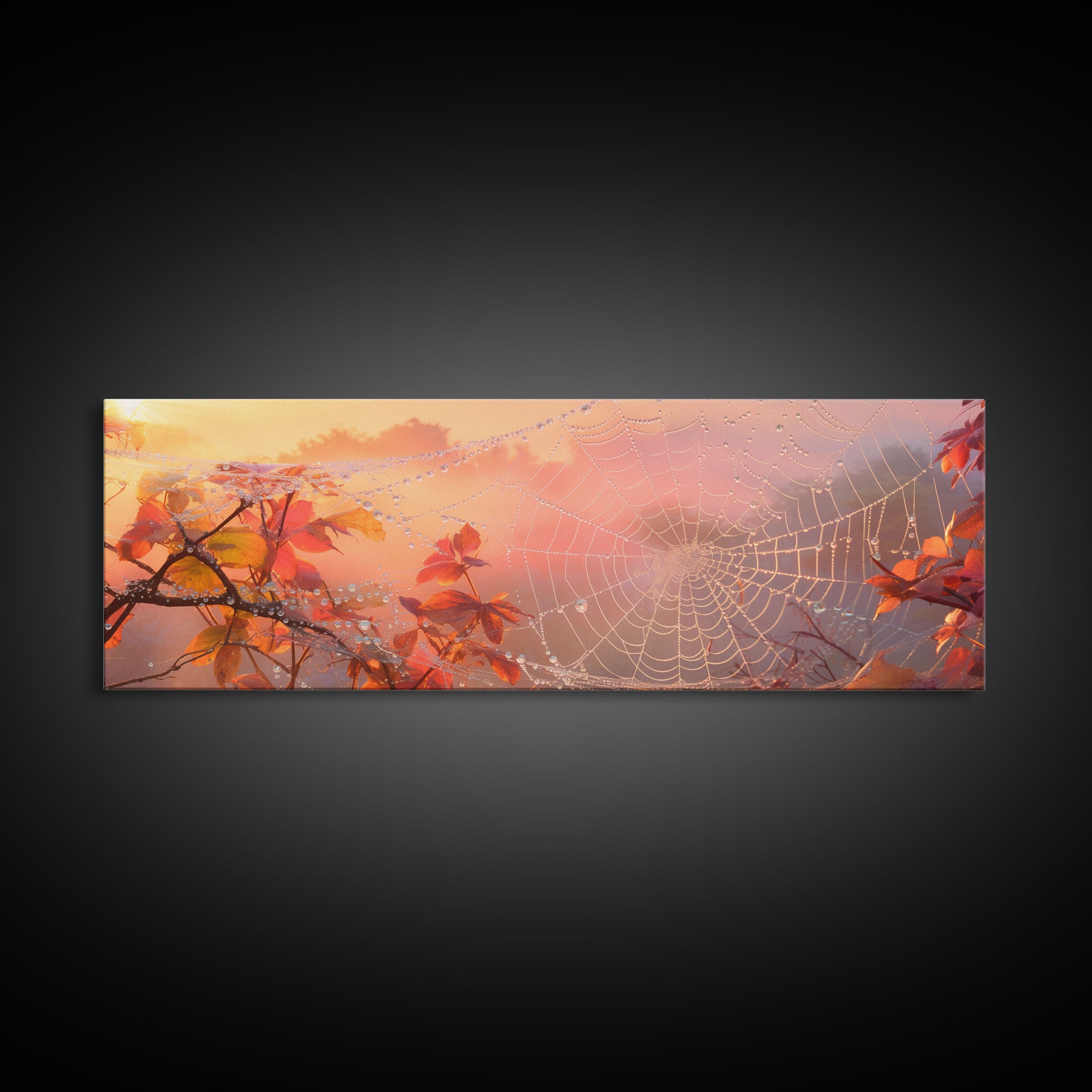 Dew Covered Spiderweb In The Fall, Framed Canvas Print, Autumn Centerpiece, Fall Leaves In The Autumn