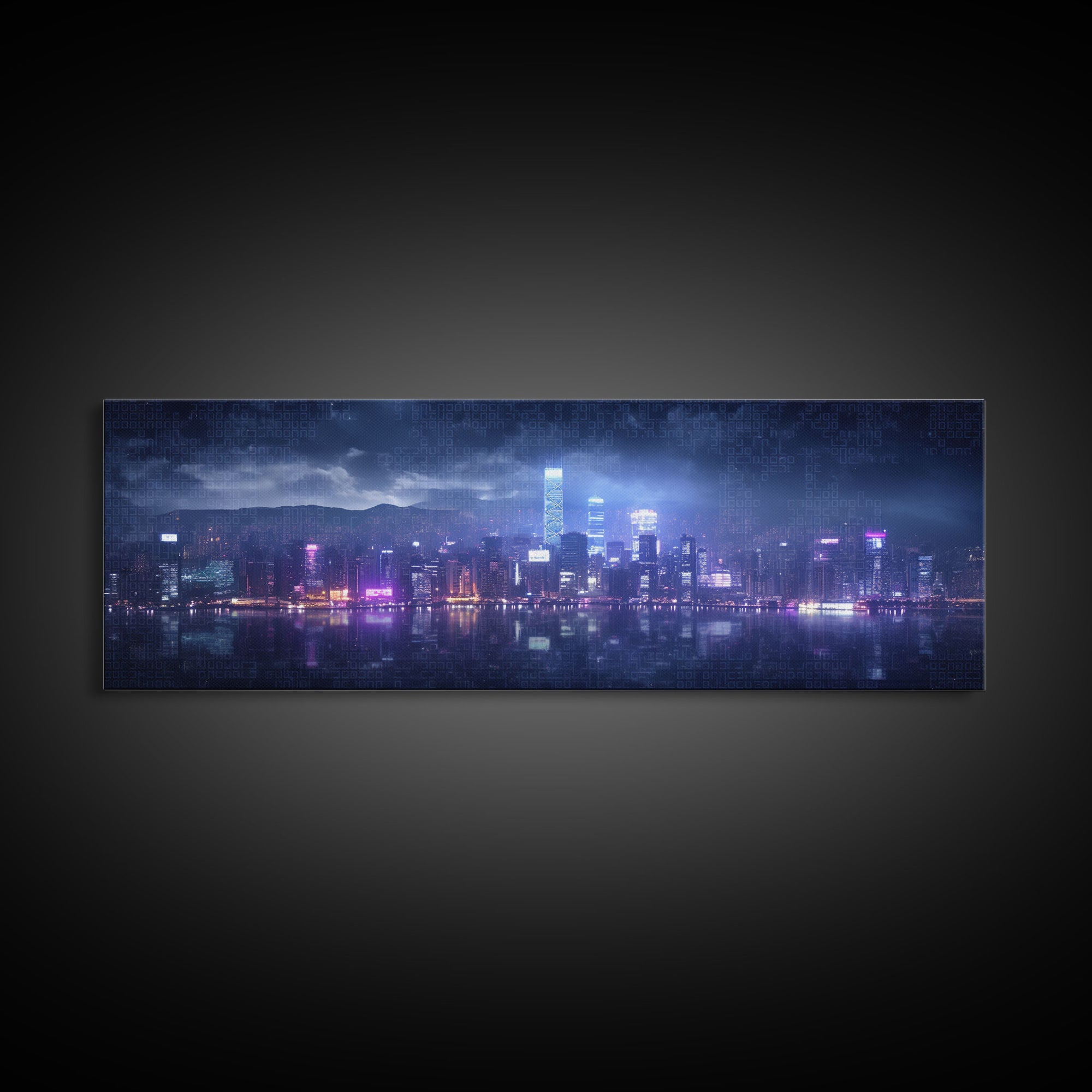 Cyberpunk Hong Kong City Skyline, Framed Canvas Print, Cyberpunk Style Wall Art, Synthwave Decor, Videogame Concept Art