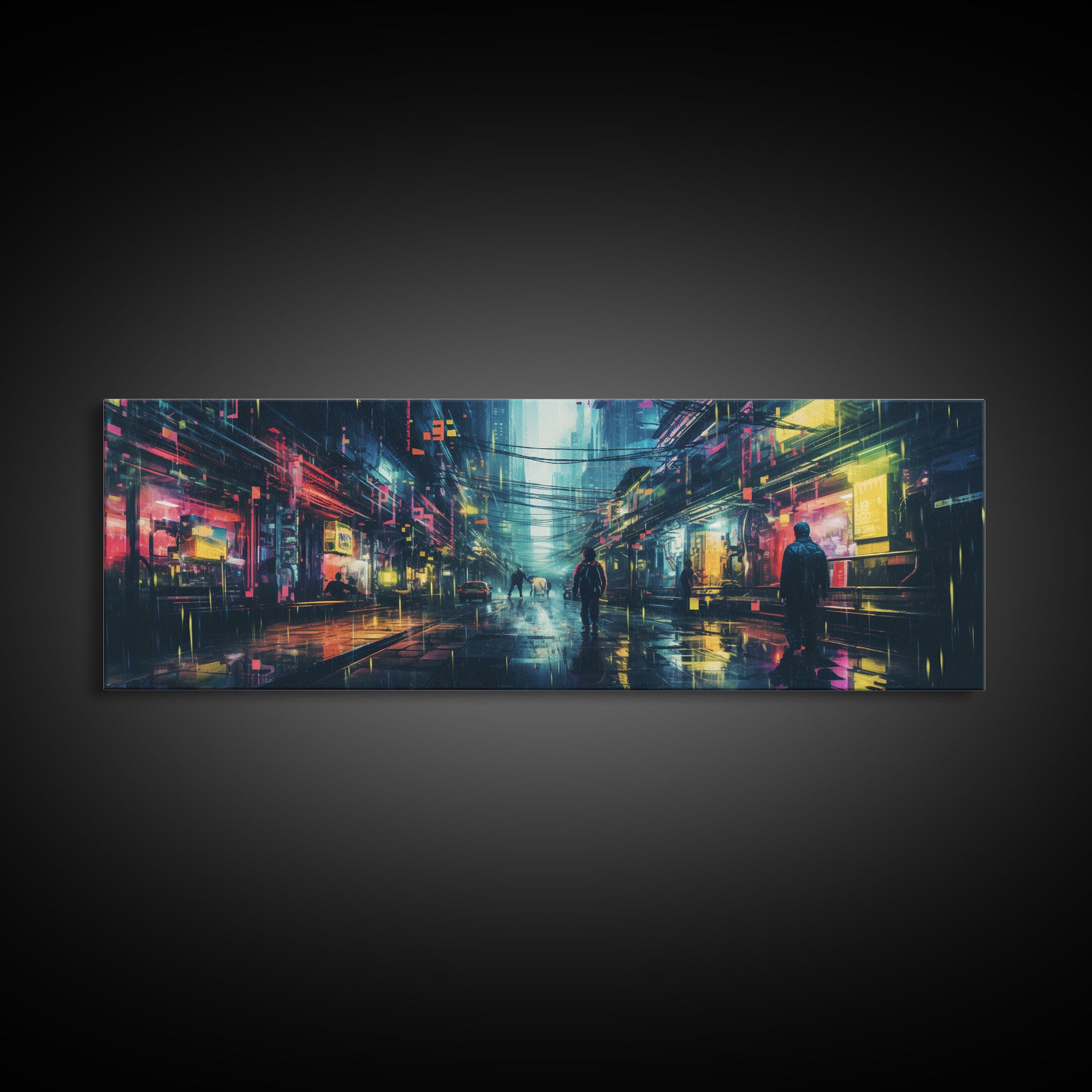 Cyberpunk Tokyo City Streets, Framed Canvas Print, Cyberpunk Style Wall Art, Synthwave Decor, Videogame Concept Art