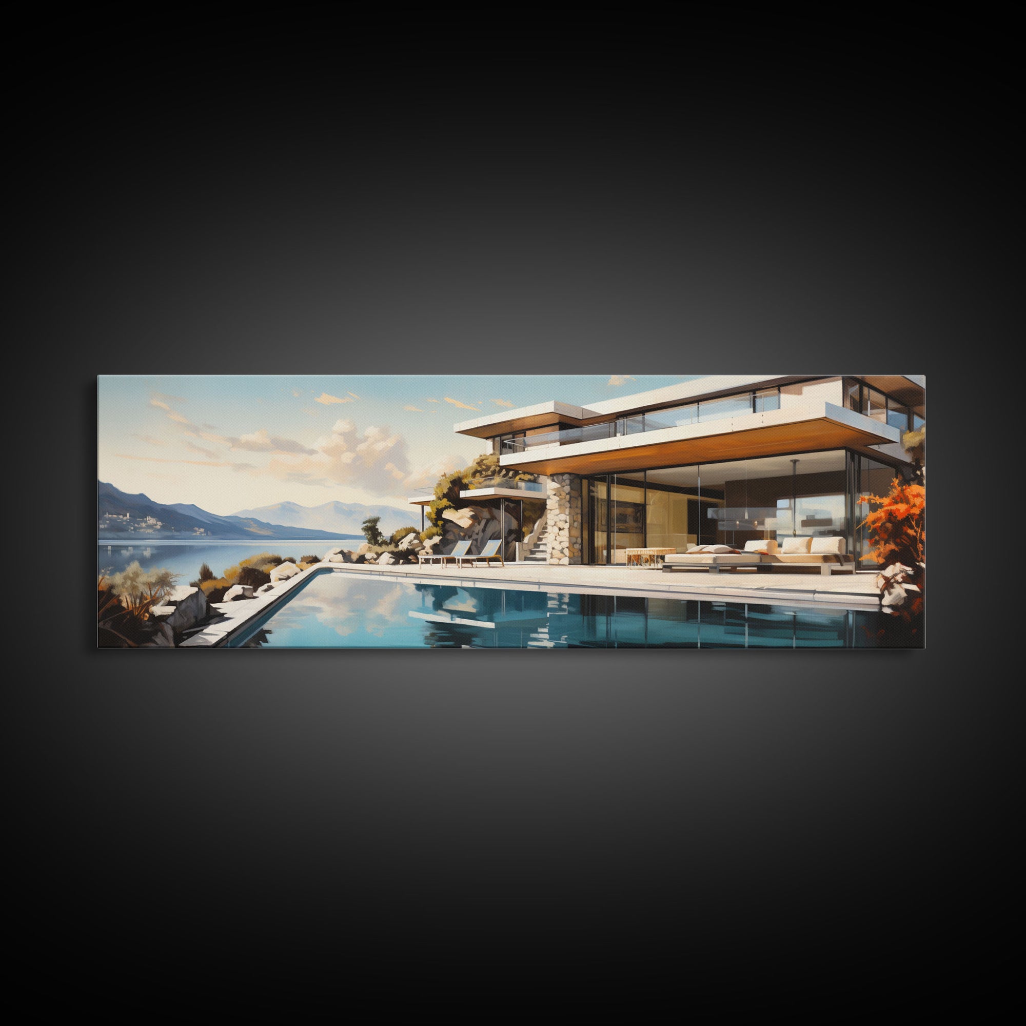 Midcentury Modern Architecture Painting Framed Canvas Print, Beautiful MCM House On Lake Tahoe, Livingroom Centerpiece Wall Art