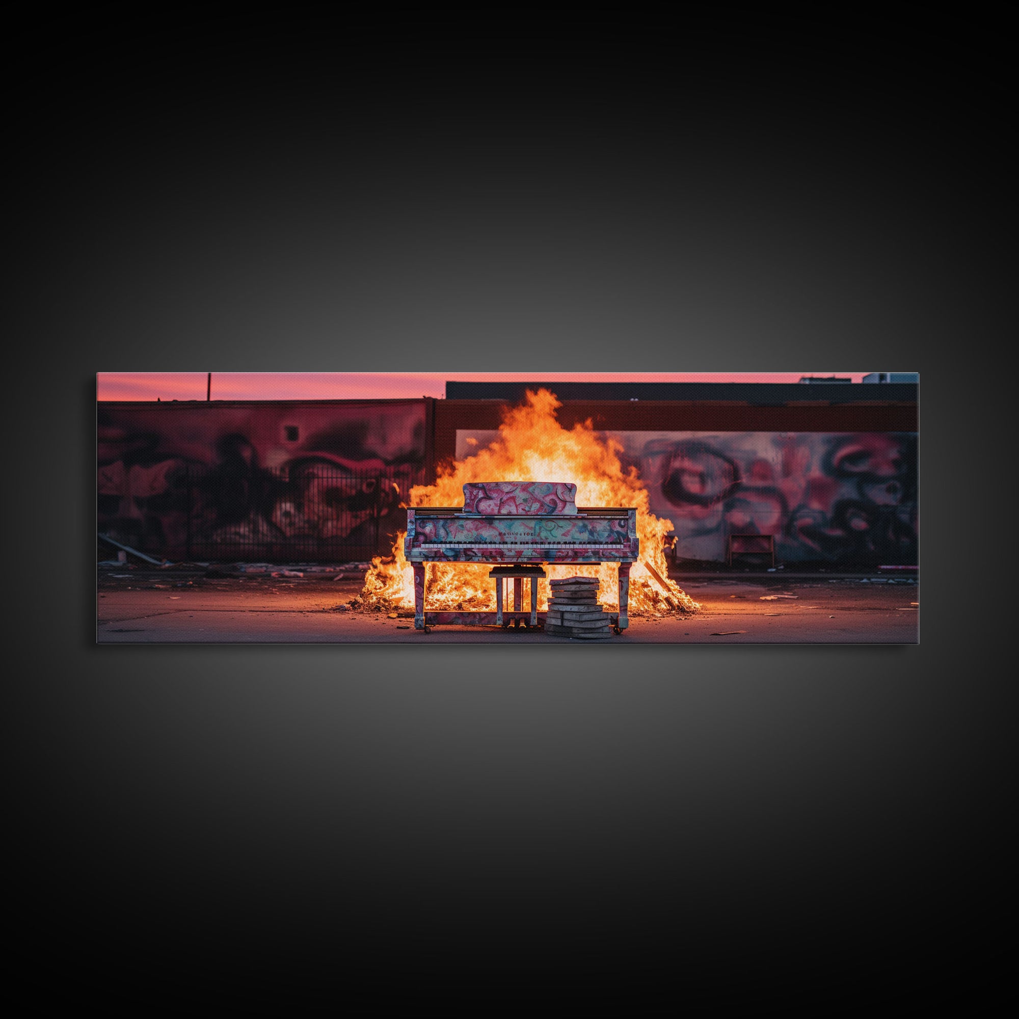 The Burning Piano, Urban Decay Art, Street Art, Framed Canvas Print, Graffiti Art, Panoramic Wall Art