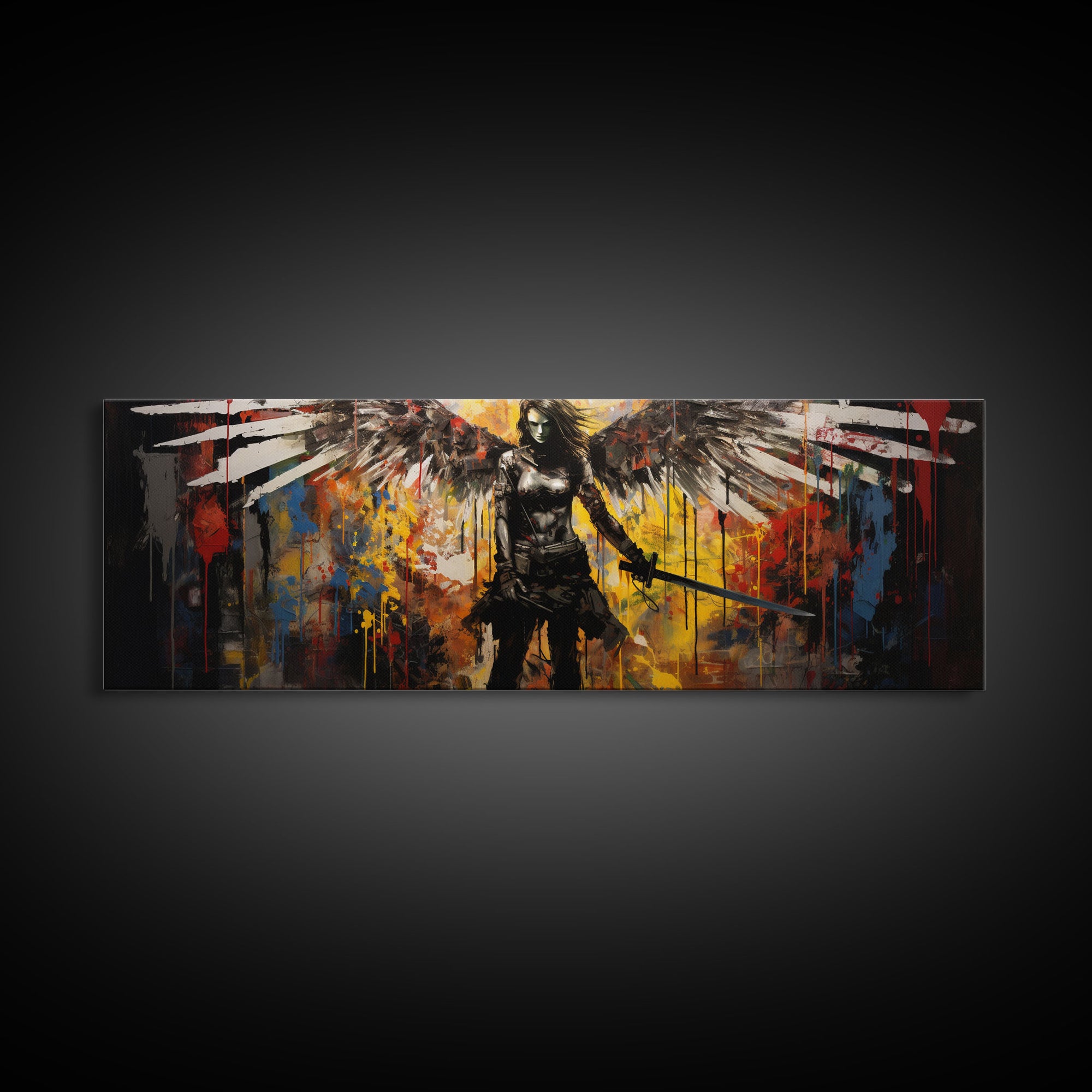 Graffiti Battle Angel, Framed Canvas Print, Game Room Art, Panoramic Painting, Panoramic Wall Art, Extra Large Wall Art